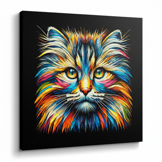 Colourful Siberian Forest cat portrait canvas print - UK made abstract pet wall art black background
