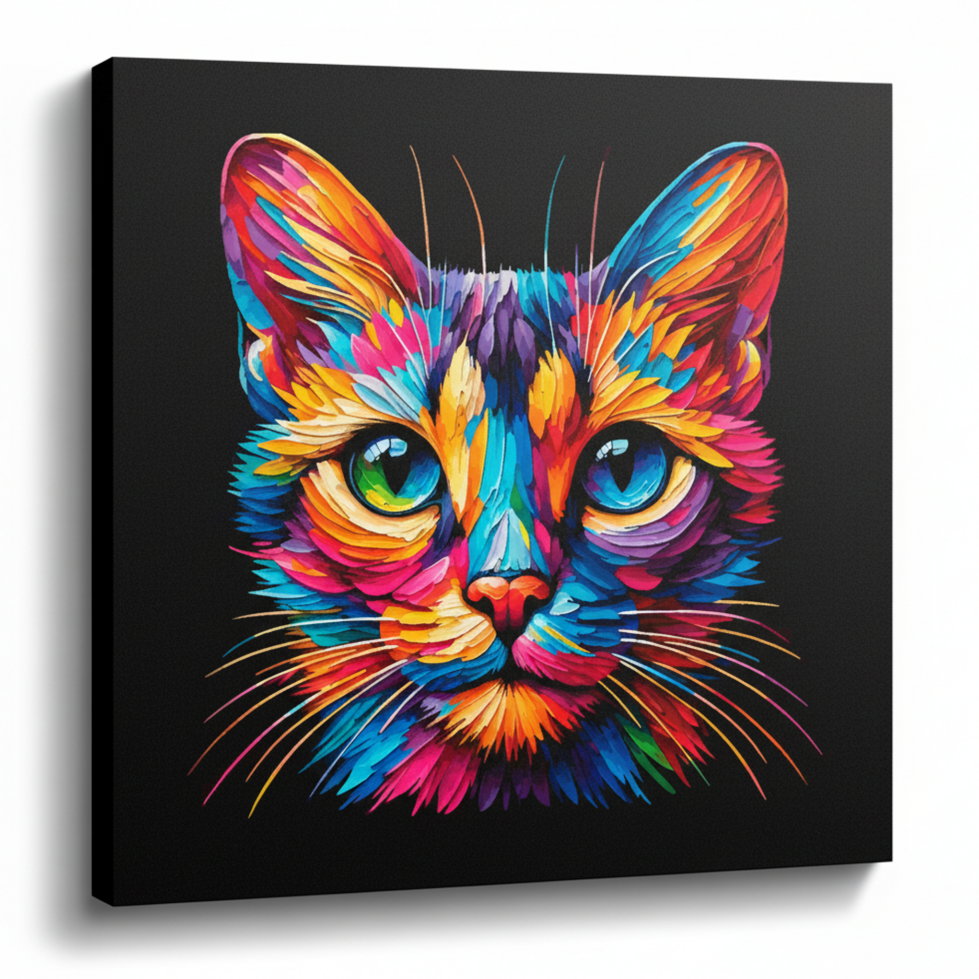 Colourful Singapura cat portrait canvas print - UK made abstract pet wall art black background