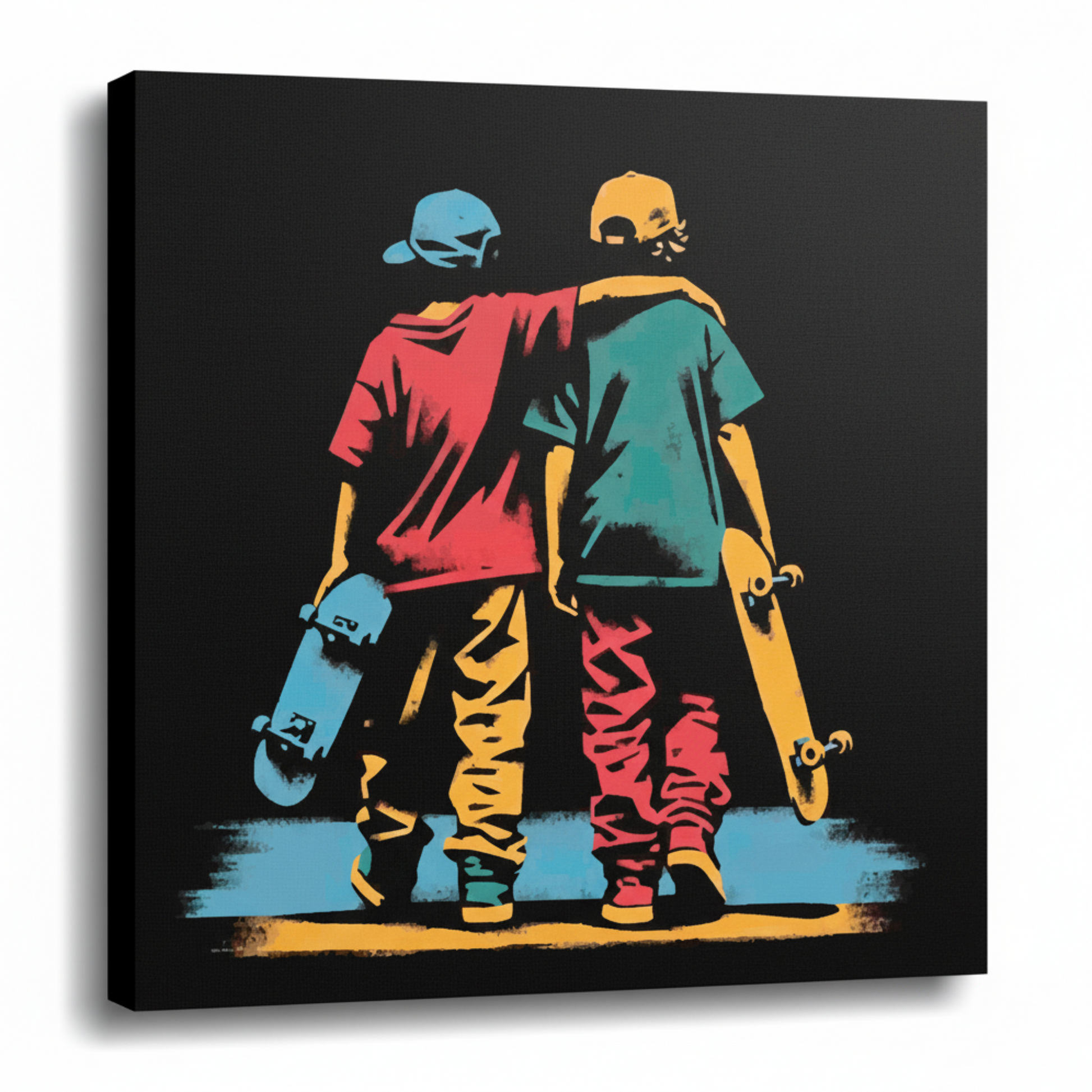 Colourful skate mates sports canvas print - UK made abstract skateboarding wall art black background