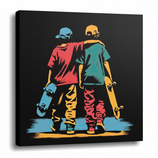 Colourful skate mates sports canvas print - UK made abstract skateboarding wall art black background