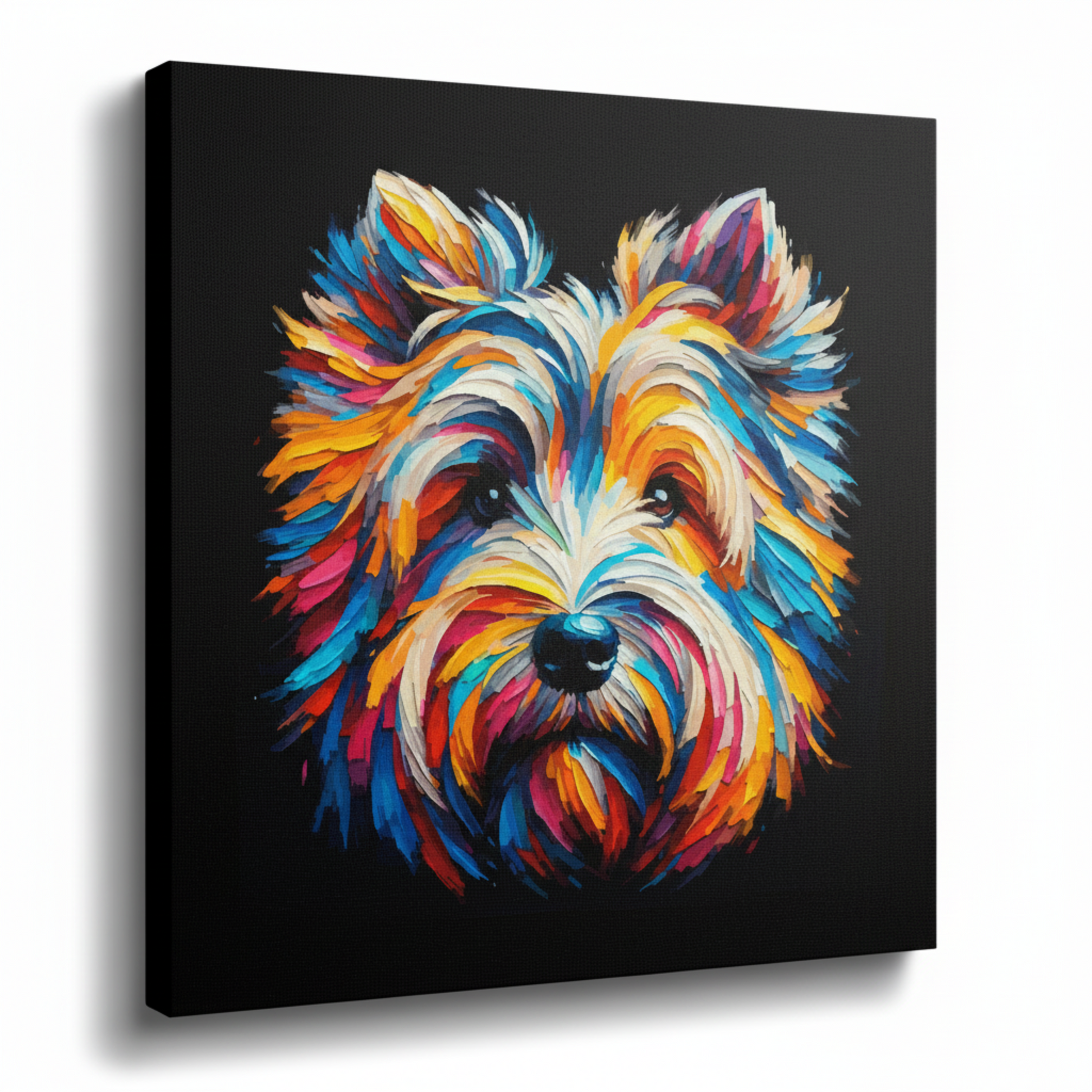 Colourful Skye Terrier dog portrait canvas print - UK made abstract pet wall art black background