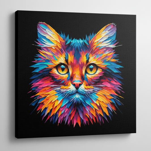 Colourful Somali cat portrait canvas print - UK made abstract pet wall art black background