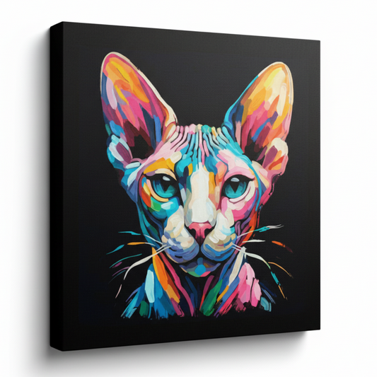 Colourful Sphynx cat portrait canvas print - UK made abstract pet wall art black background