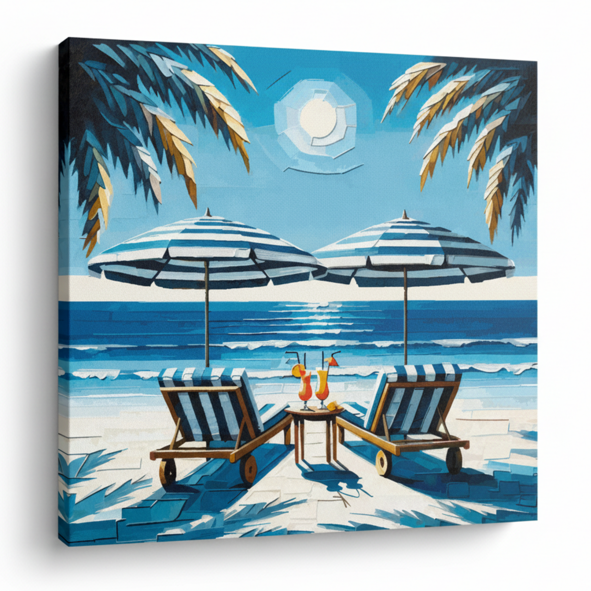 Colourful sunbeds for two seascape canvas print - UK made abstract coastal wall art