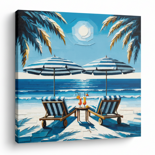 Colourful sunbeds for two seascape canvas print - UK made abstract coastal wall art