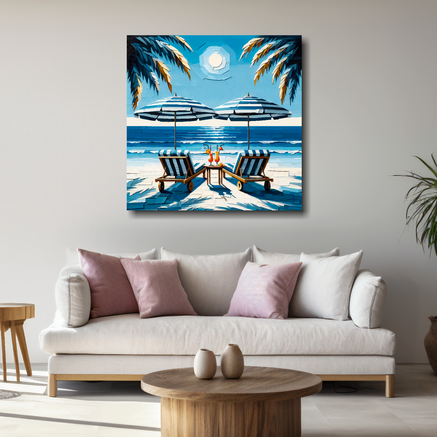 Large sunbeds for two canvas above white sofa - vibrant abstract coastal wall art UK
