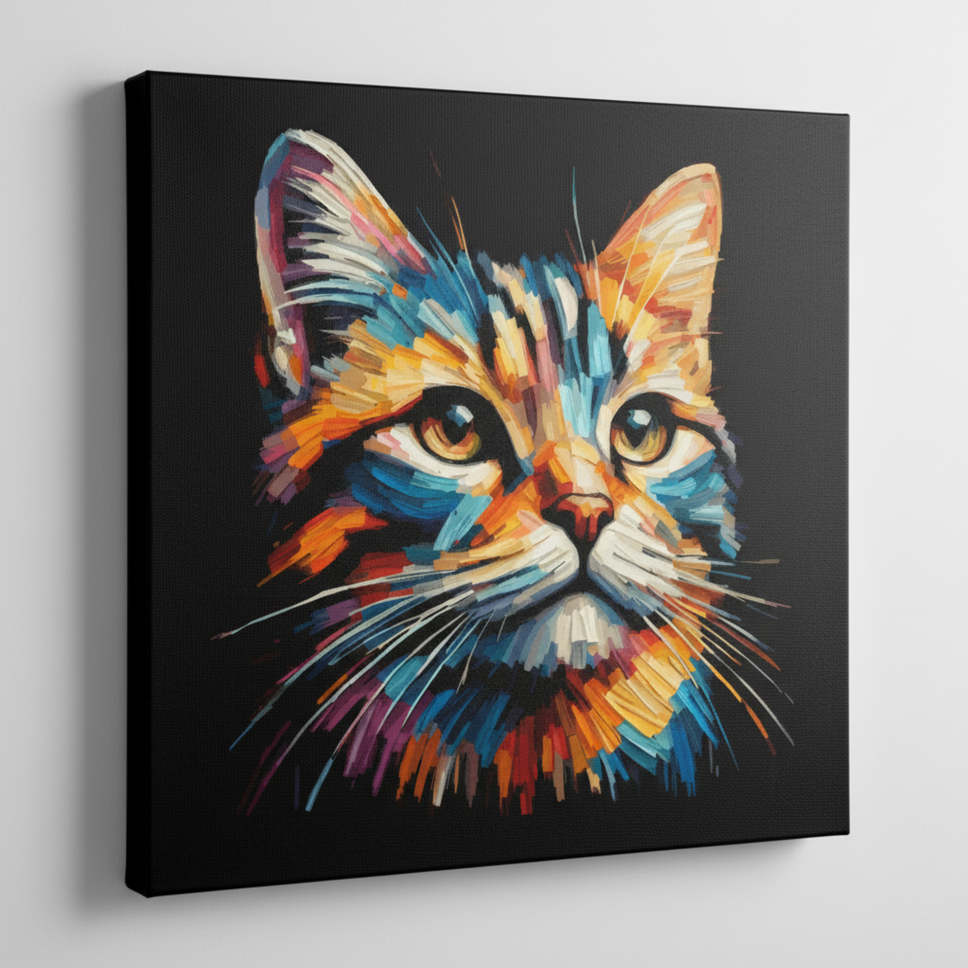 Colourful Tabby cat portrait canvas print - UK made abstract pet wall art black background