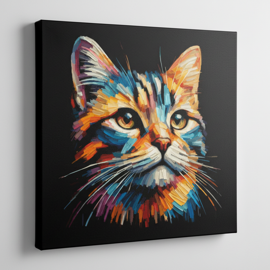 Colourful Tabby cat portrait canvas print - UK made abstract pet wall art black background