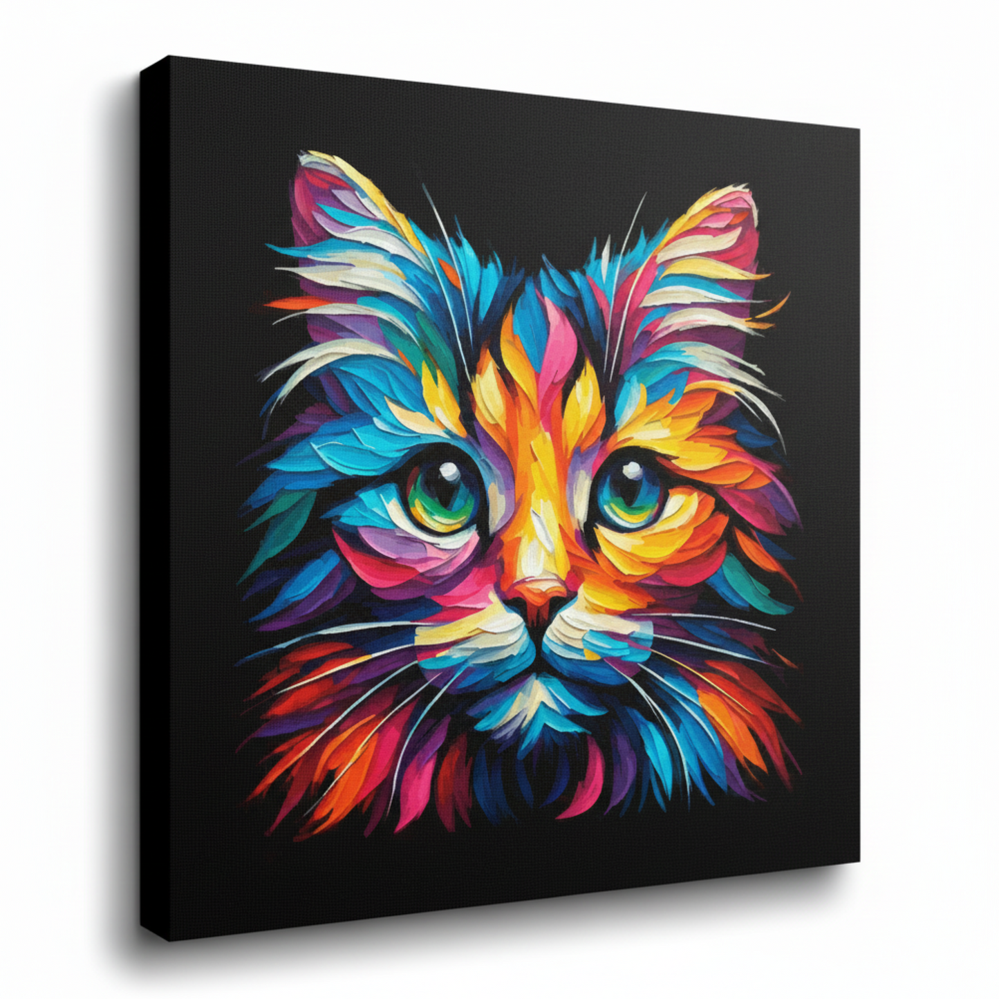 Colourful Tiffany cat portrait canvas print - UK made abstract pet wall art black background