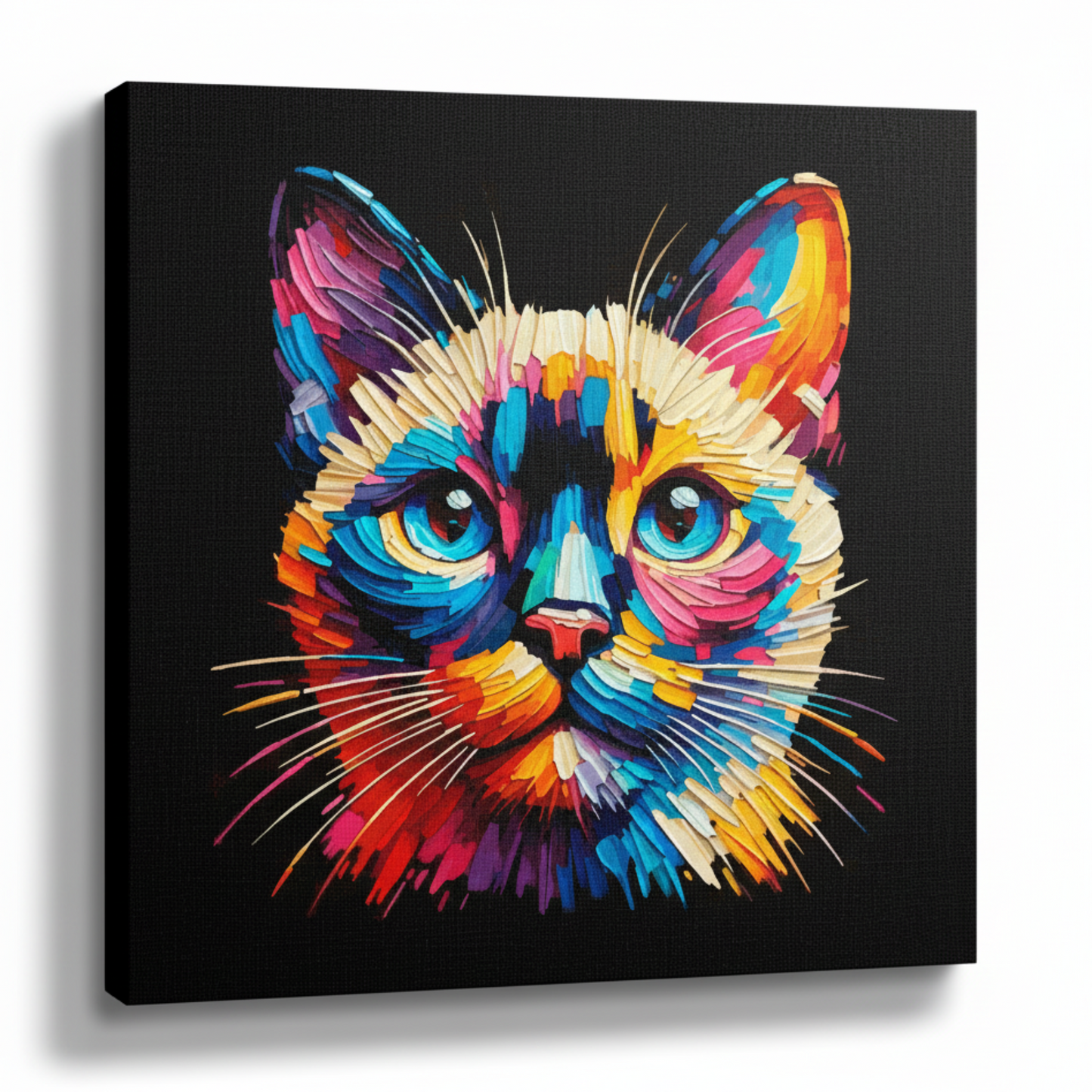 Colourful Tonkinese cat portrait canvas print - UK made abstract pet wall art black background