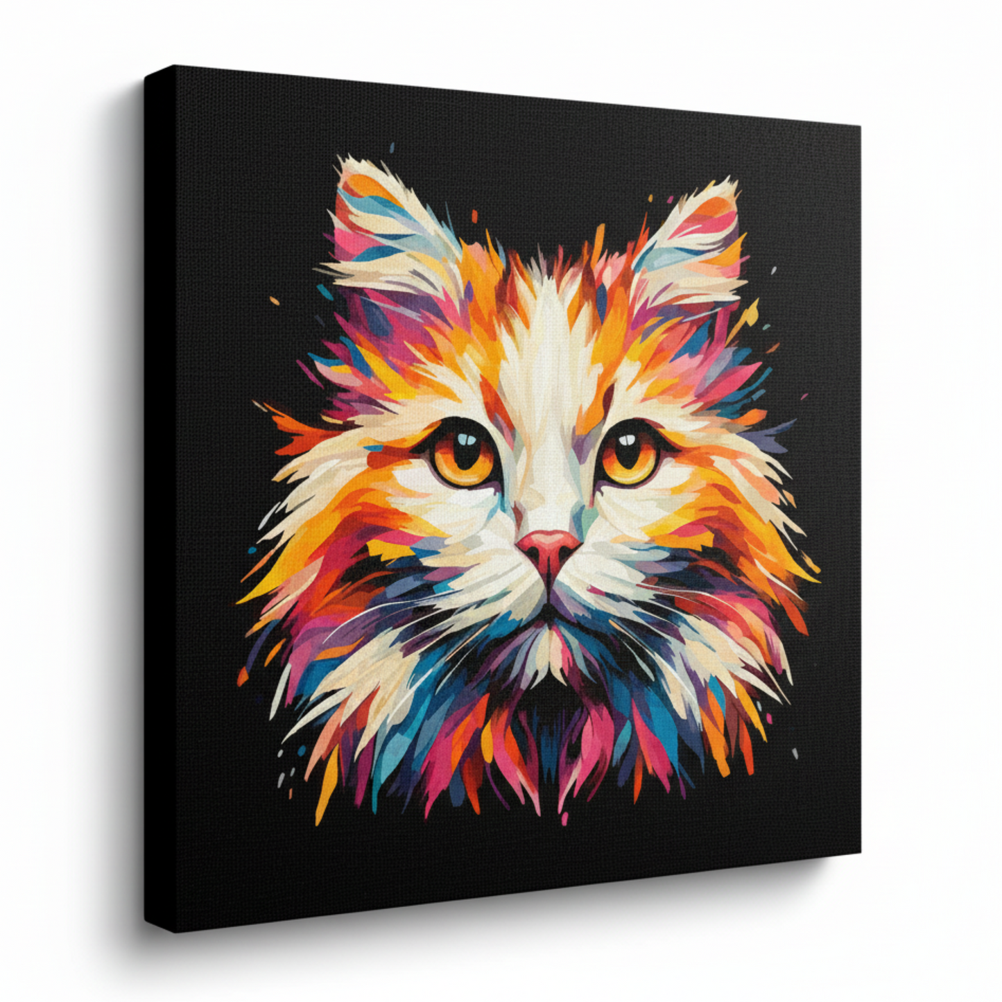 Colourful Turkish Van cat portrait canvas print - UK made abstract pet wall art black background
