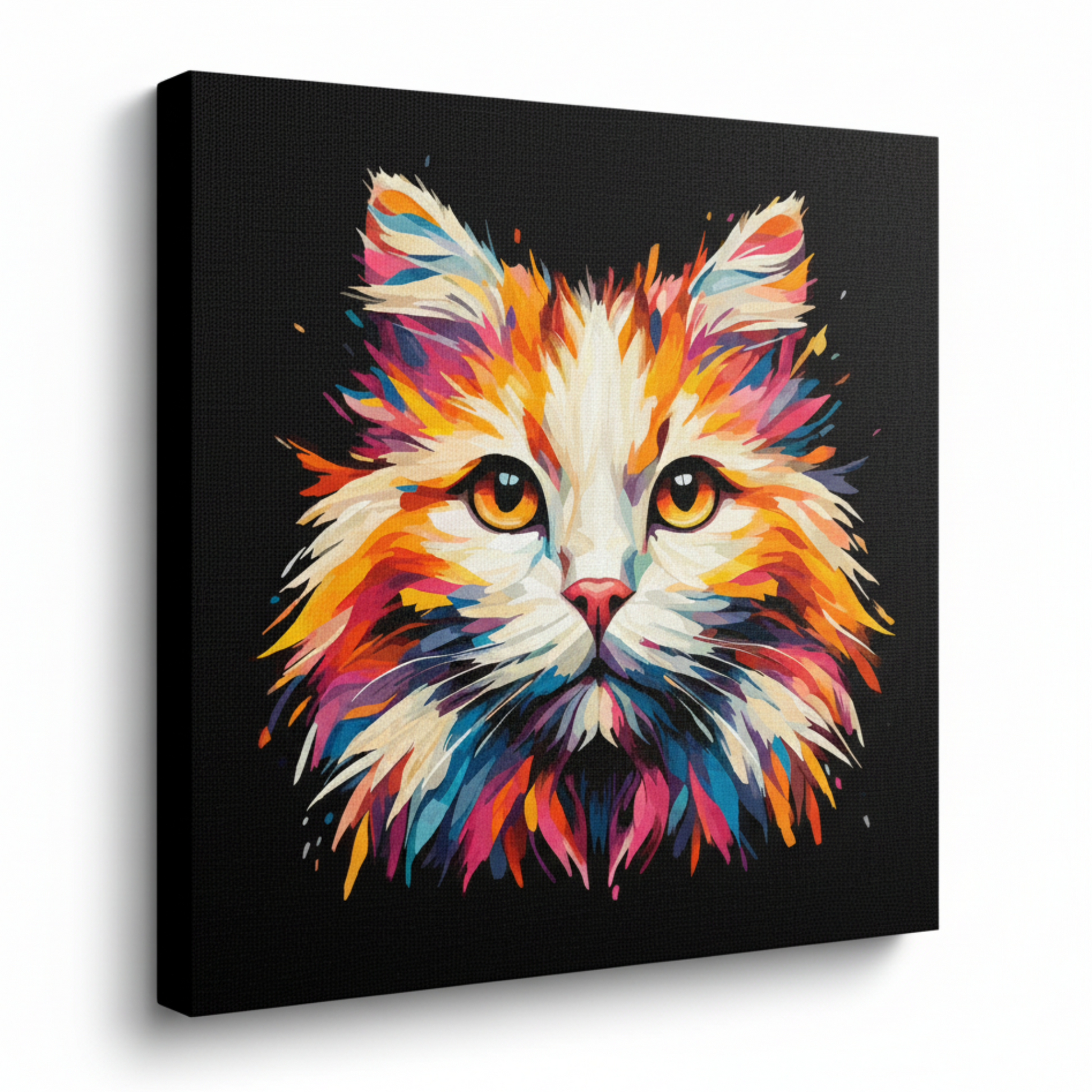 Colourful Turkish Van cat portrait canvas print - UK made abstract pet wall art black background