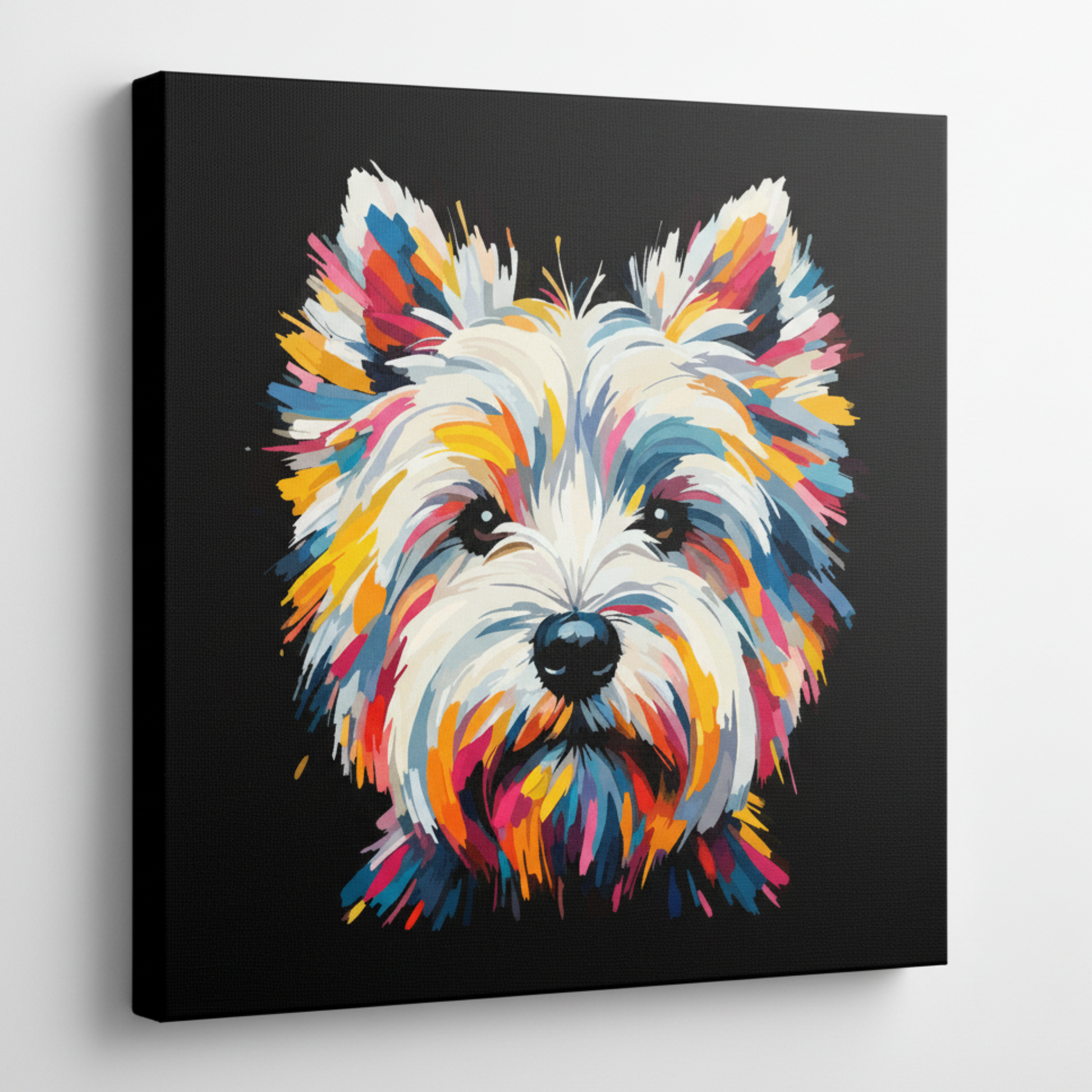 Colourful West Highland Terrier dog portrait canvas print - UK made abstract pet wall art black background
