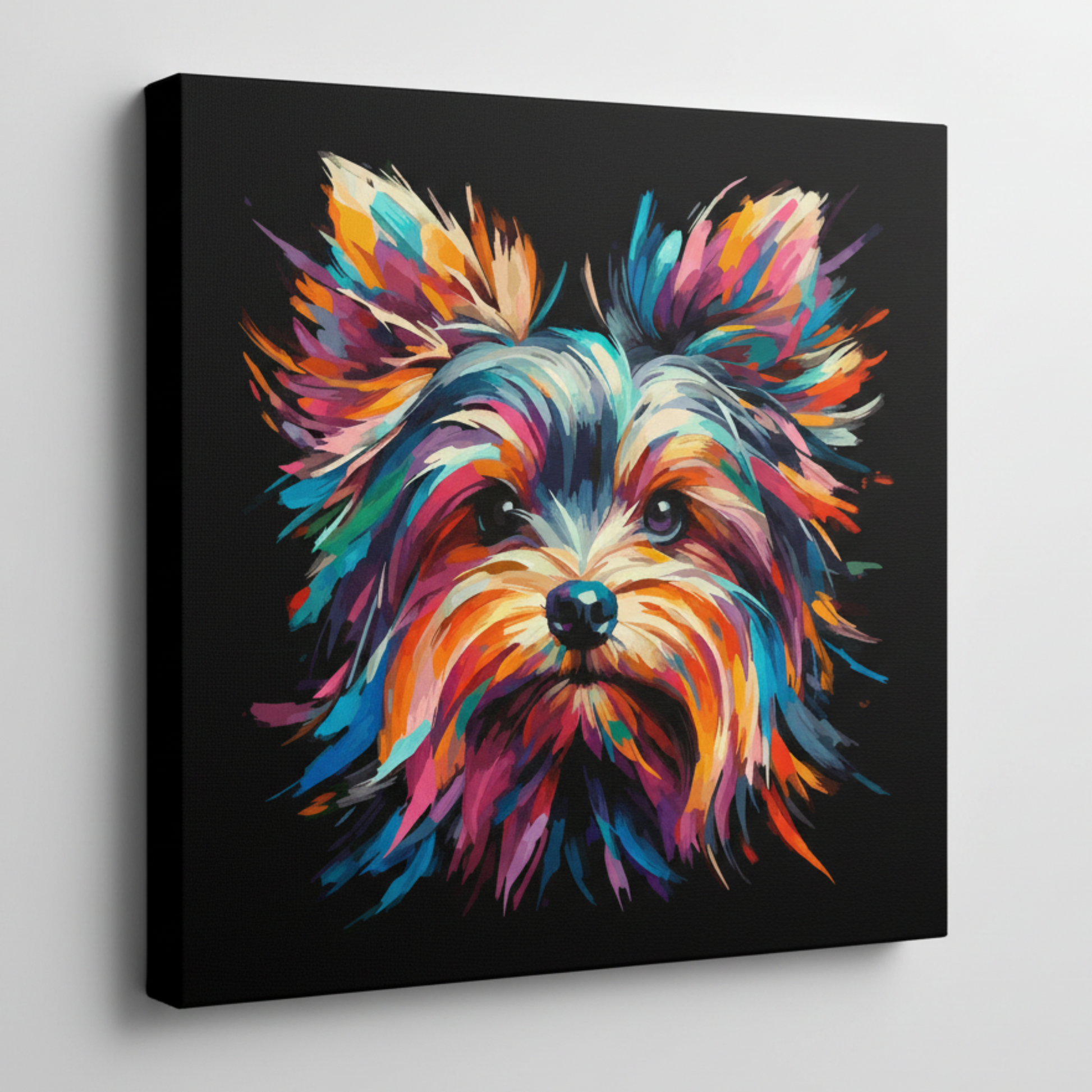 Colourful Yorkshire Terrier dog portrait canvas print - UK made abstract pet wall art black background