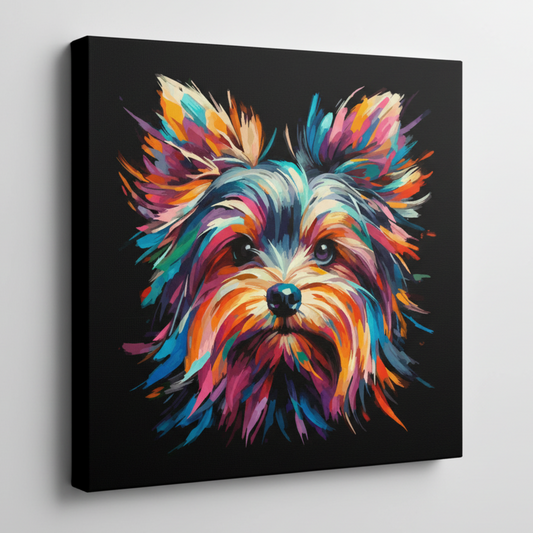 Colourful Yorkshire Terrier dog portrait canvas print - UK made abstract pet wall art black background