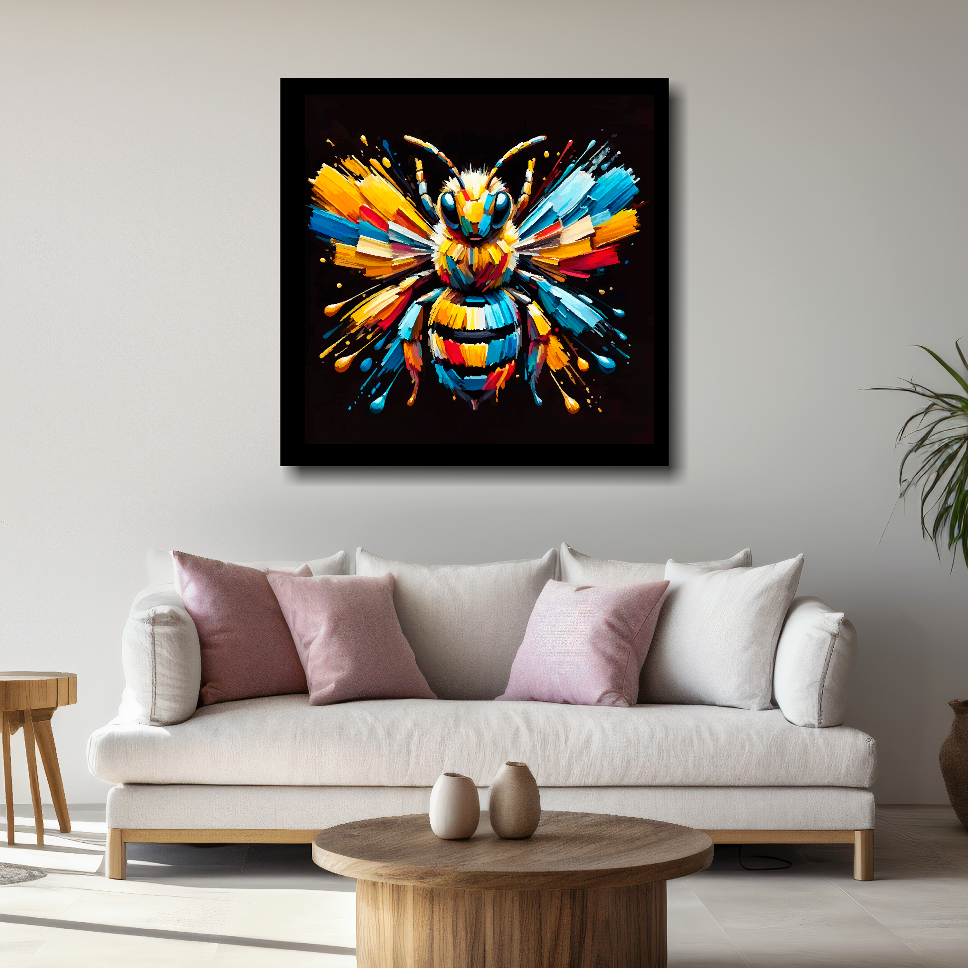 Large Bumble Bee canvas above white sofa - vibrant abstract insect portrait wall art UK
