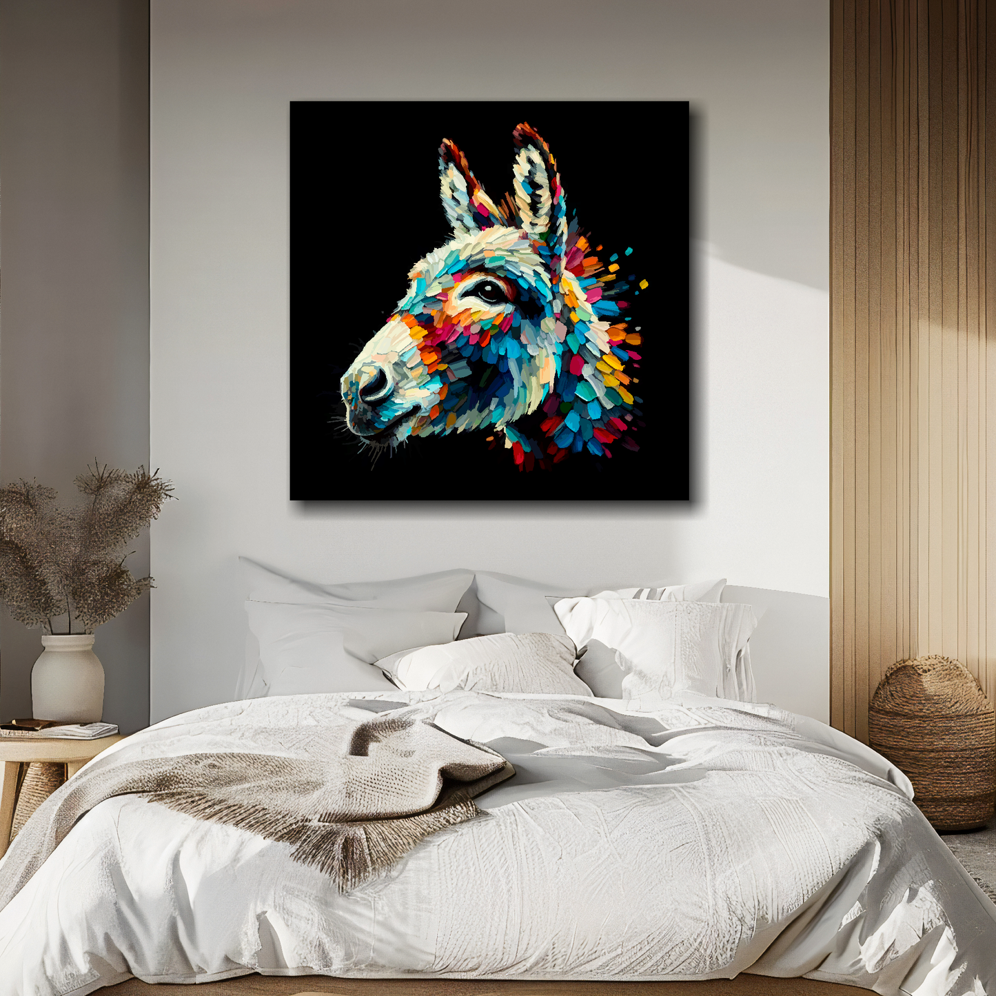 Donkey portrait canvas above bed - colourful farm animal wall decor for UK bedrooms