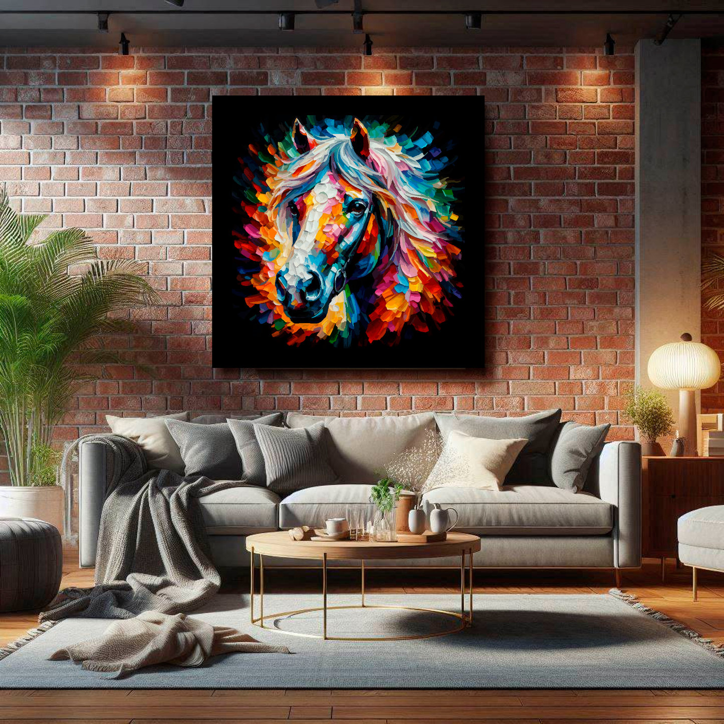 Large Horse canvas on brick wall above grey sofa - bold farm animal portrait UK living room