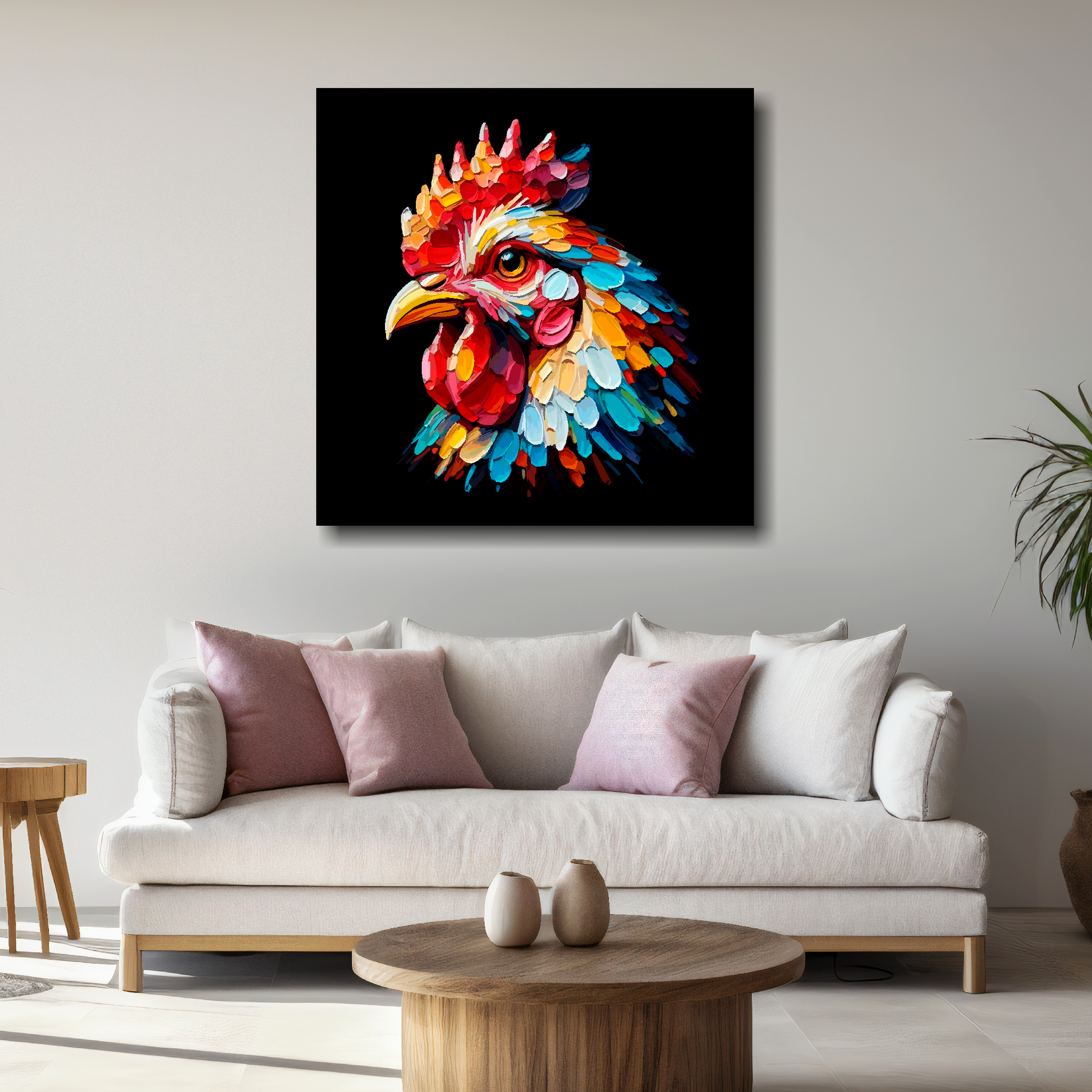 Large Chicken canvas above white sofa - vibrant abstract farm animal portrait wall art UK