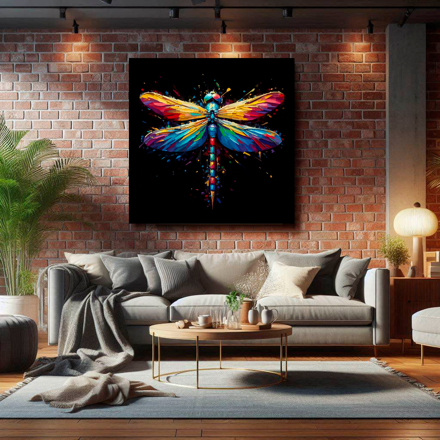 Large Dragonfly canvas on brick wall above grey sofa - bold insect portrait UK living room