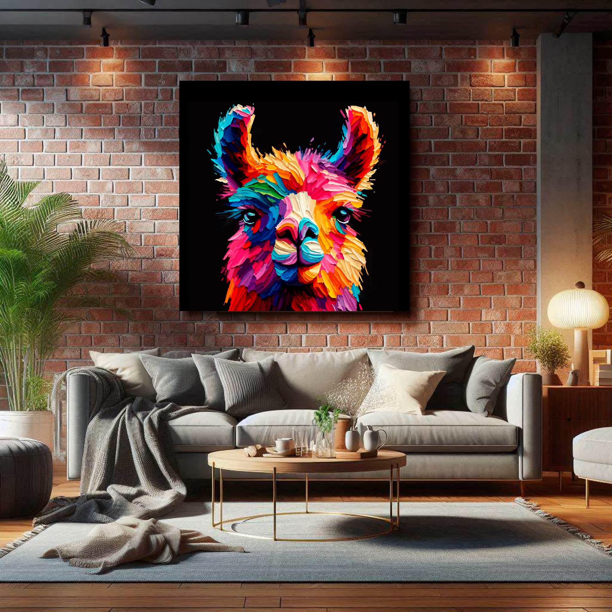 Large Llama canvas on brick wall above grey sofa - bold farm animal portrait UK living room
