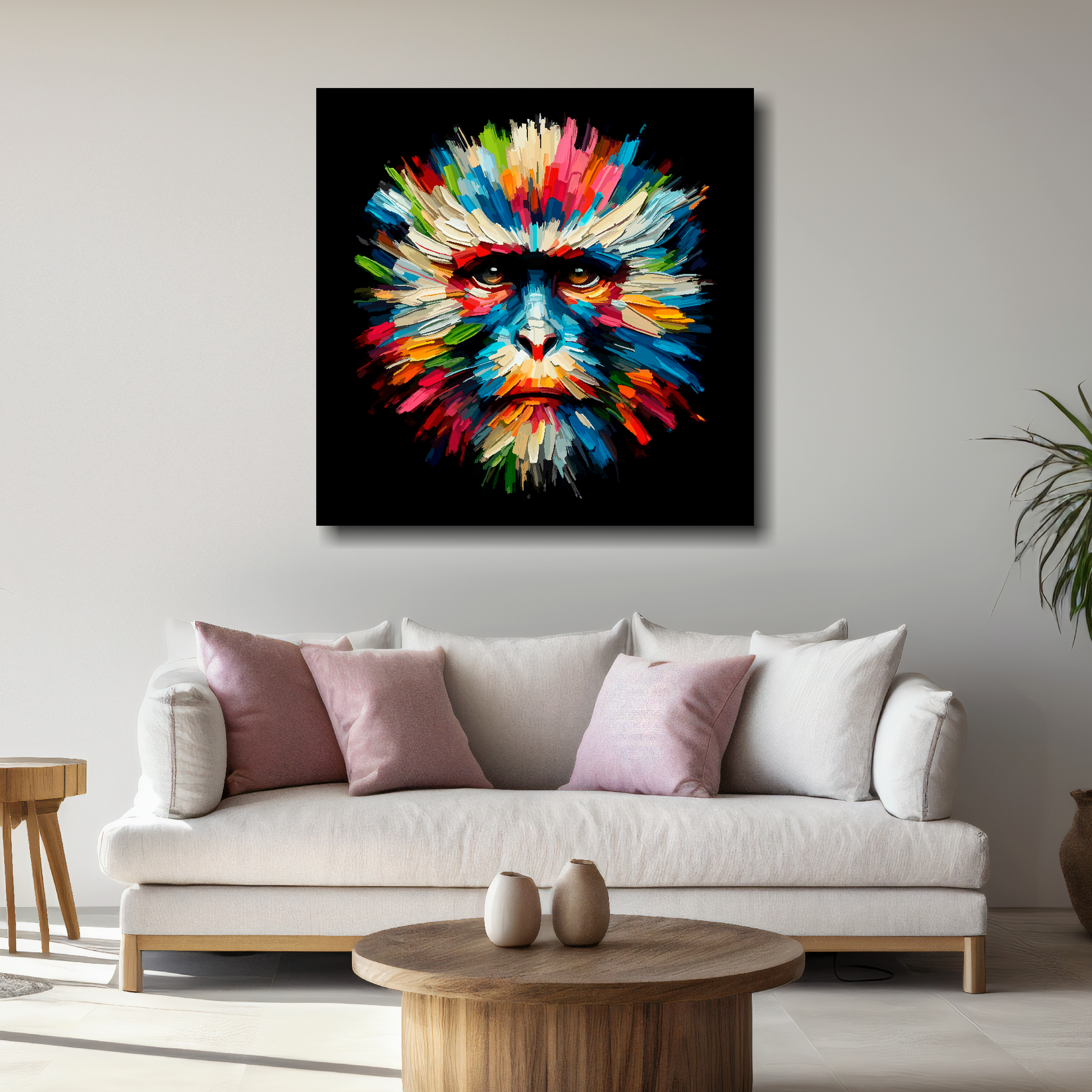 Large Monkey canvas above white sofa - vibrant abstract wildlife portrait wall art UK
