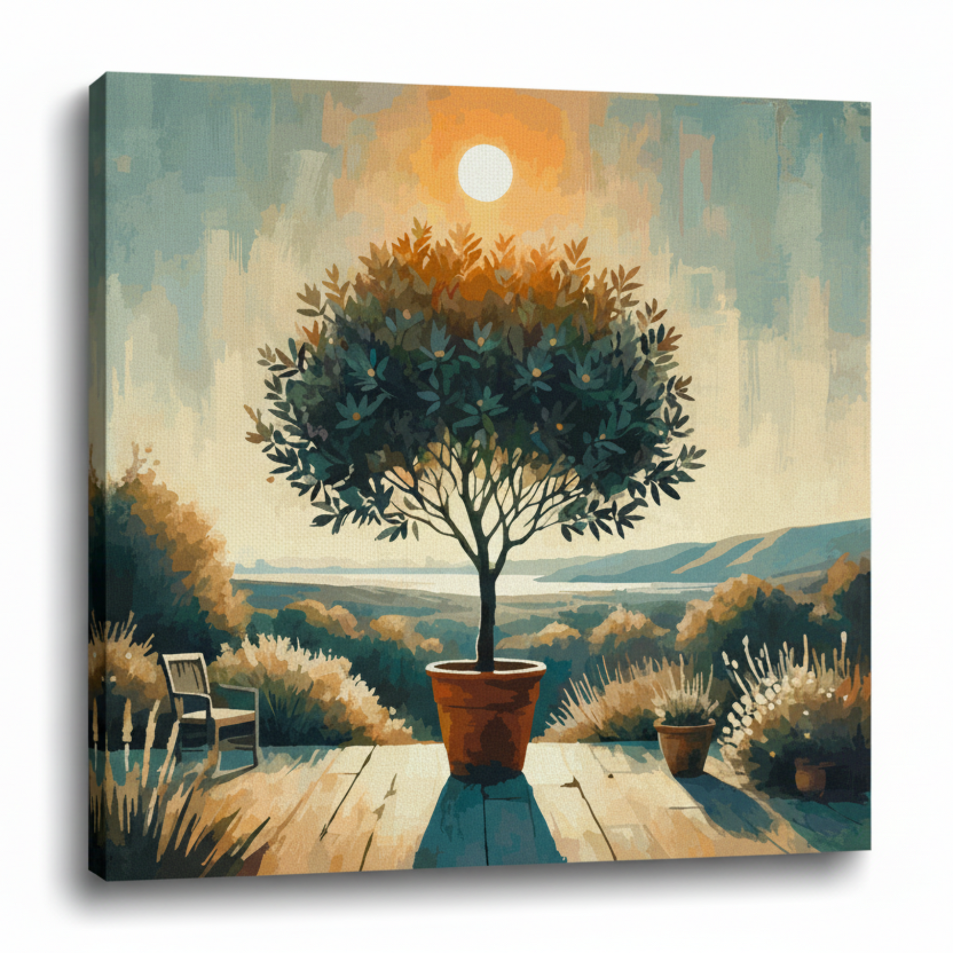 Colourful bay tree landscape canvas print - UK made abstract botanical wall art