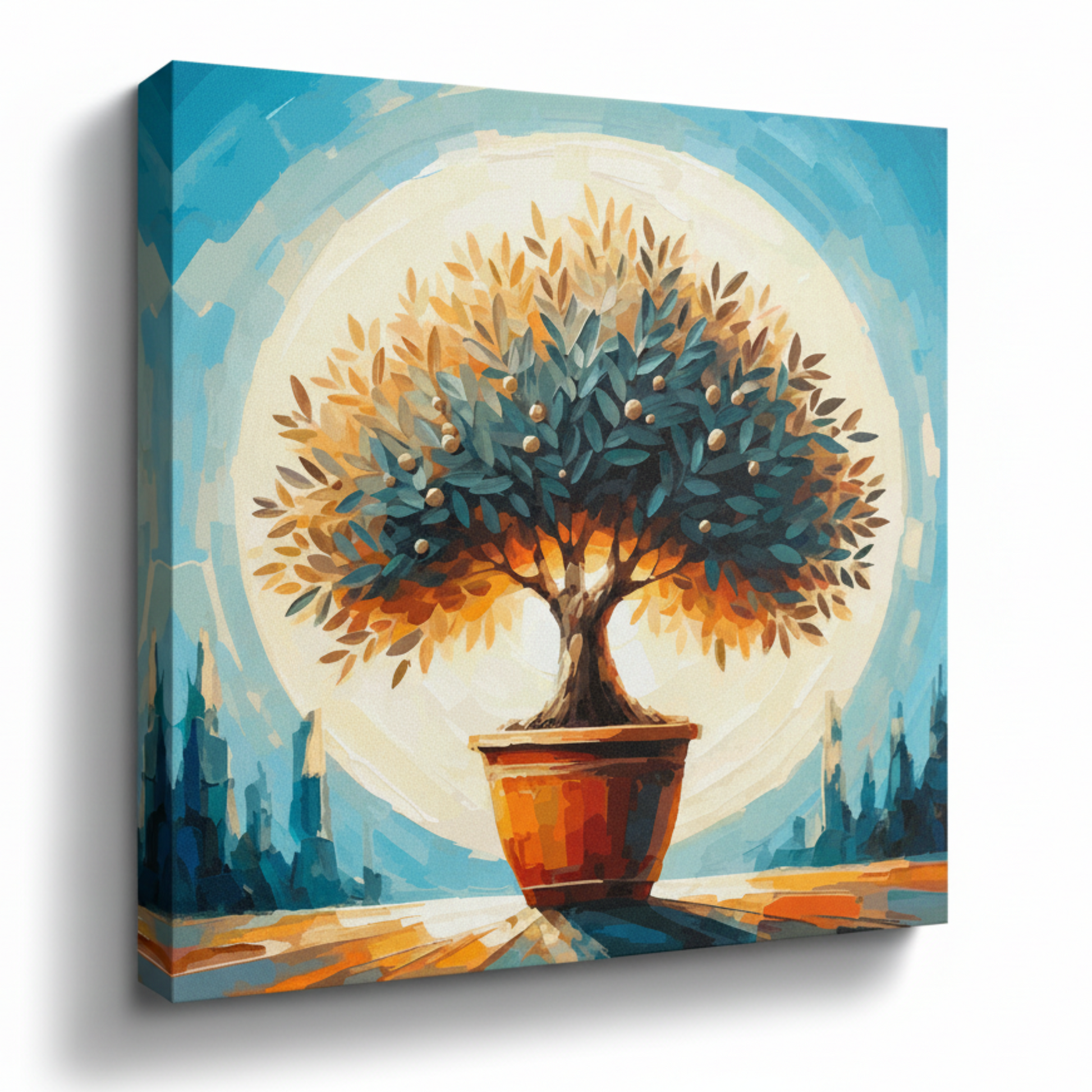 Colourful olive tree canvas print - UK made abstract botanical wall art