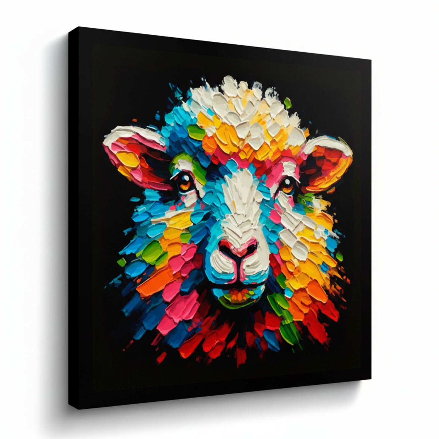 Colourful Sheep farm animal portrait canvas print - UK made abstract wall art black background