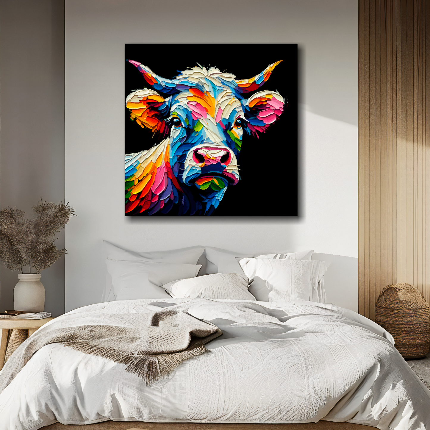Cow portrait canvas above bed - colourful farm animal wall decor for UK bedrooms