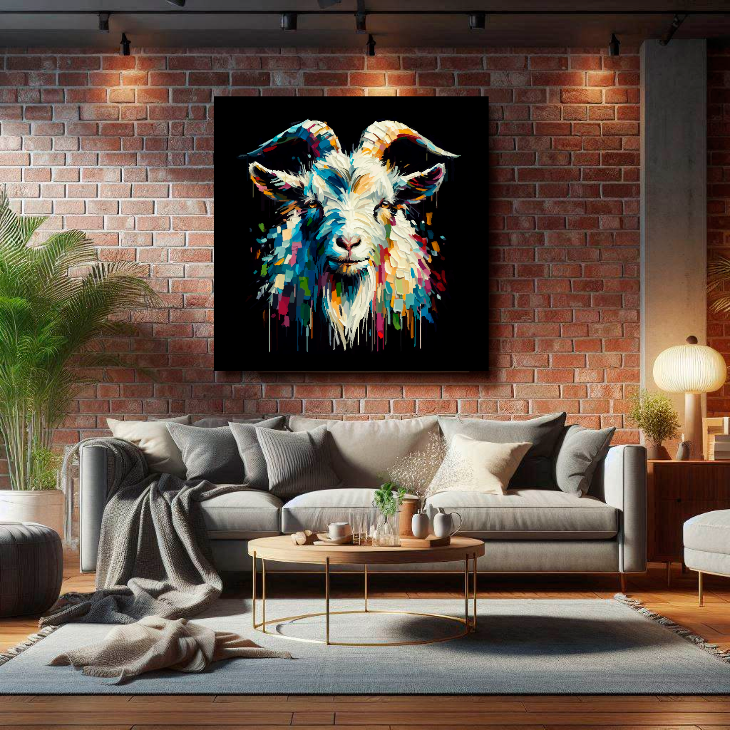 Large Goat canvas on brick wall above grey sofa - bold farm animal portrait UK living room