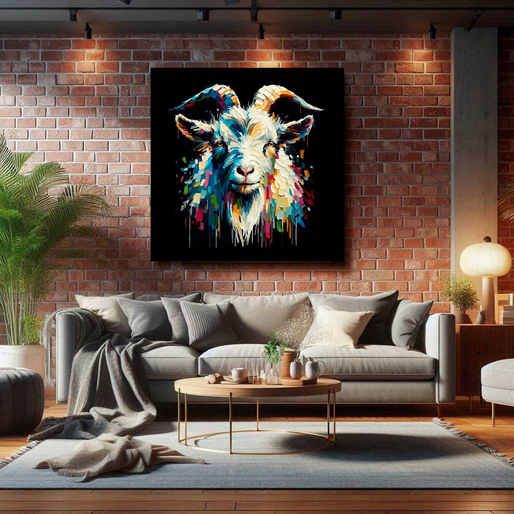 Large Goat canvas on brick wall above grey sofa - bold farm animal portrait UK living room