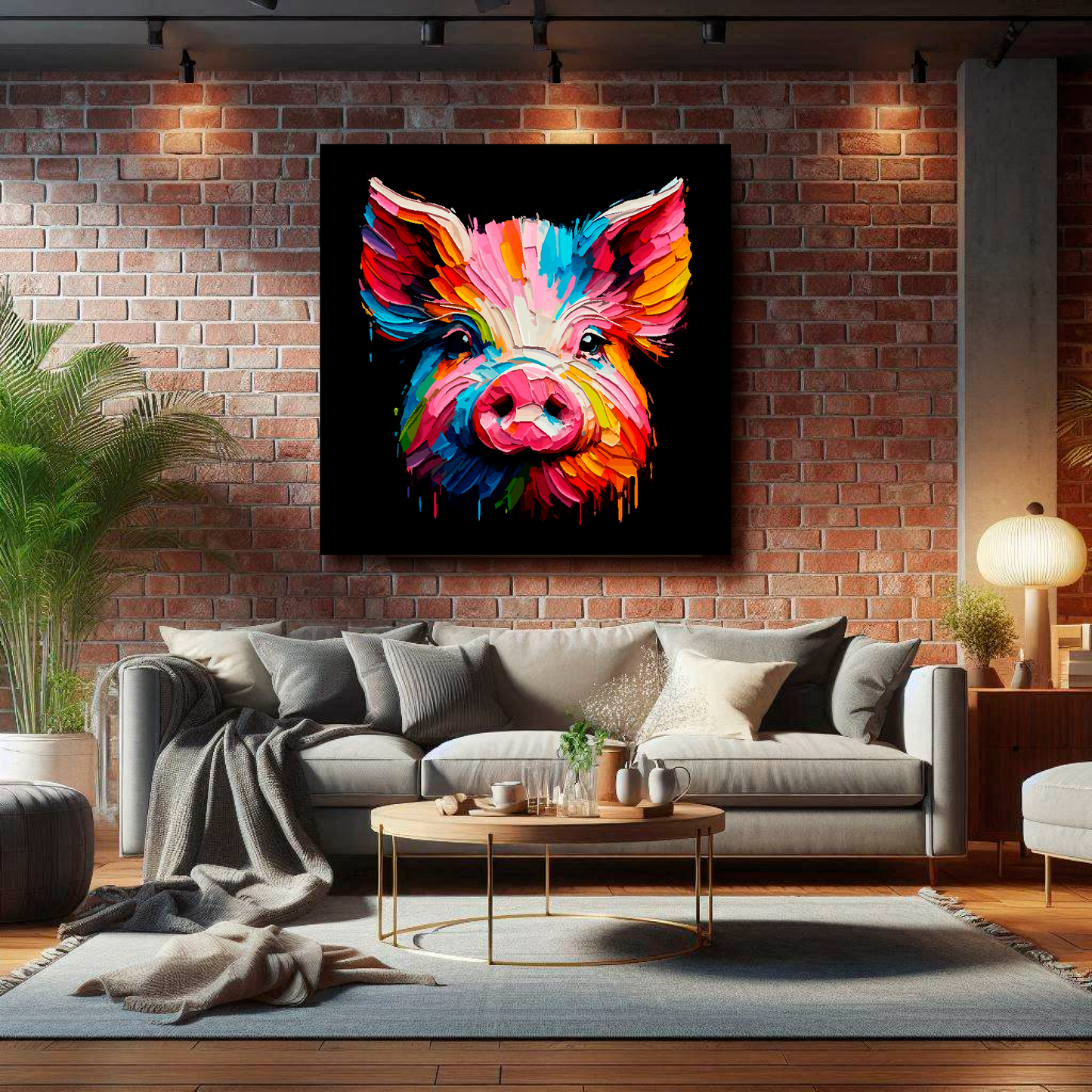 Large Pig canvas on brick wall above grey sofa - bold farm animal portrait UK living room