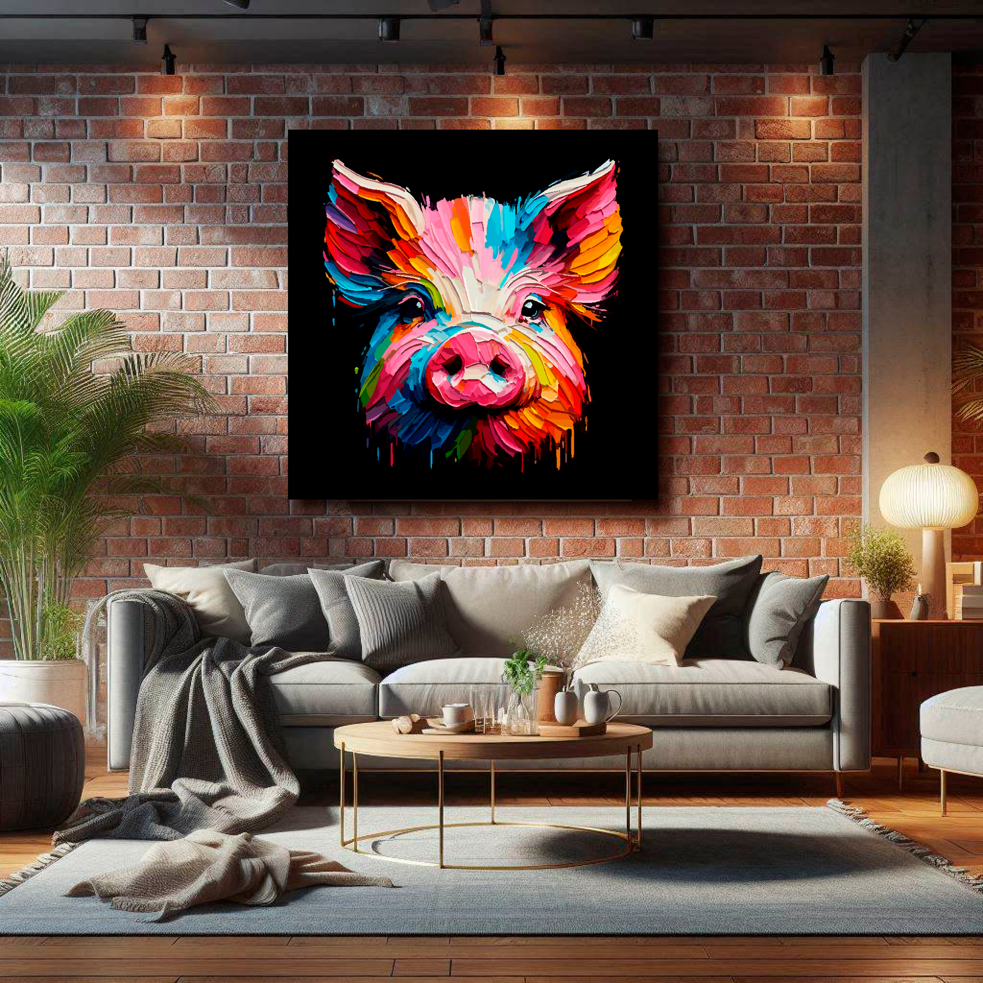 Large Pig canvas on brick wall above grey sofa - bold farm animal portrait UK living room