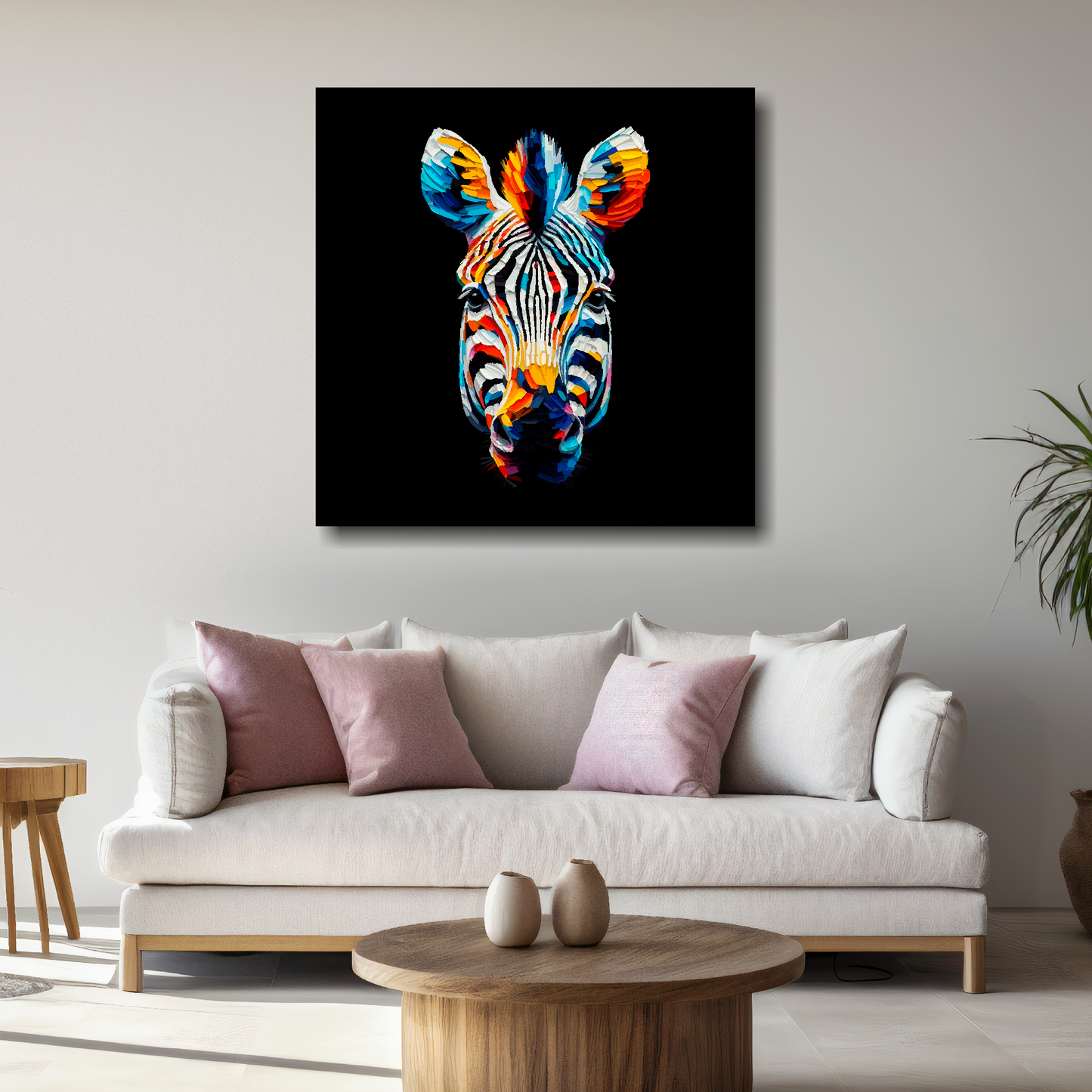 Large Zebra canvas above white sofa - vibrant abstract wildlife portrait wall art UK