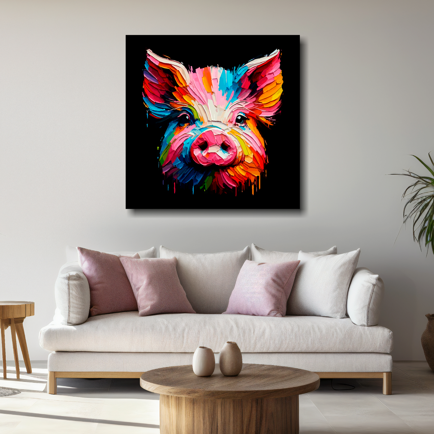 Large Pig canvas above white sofa - vibrant abstract farm animal portrait wall art UK