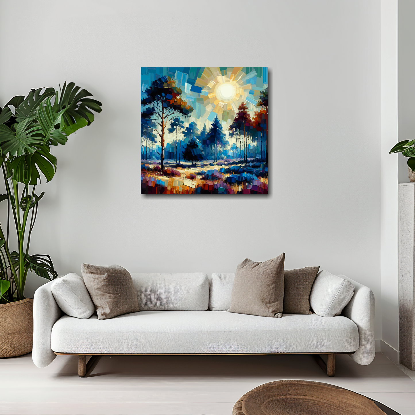 Lavender forest canvas 20x20 inches above white sofa - vibrant landscape wall art UK