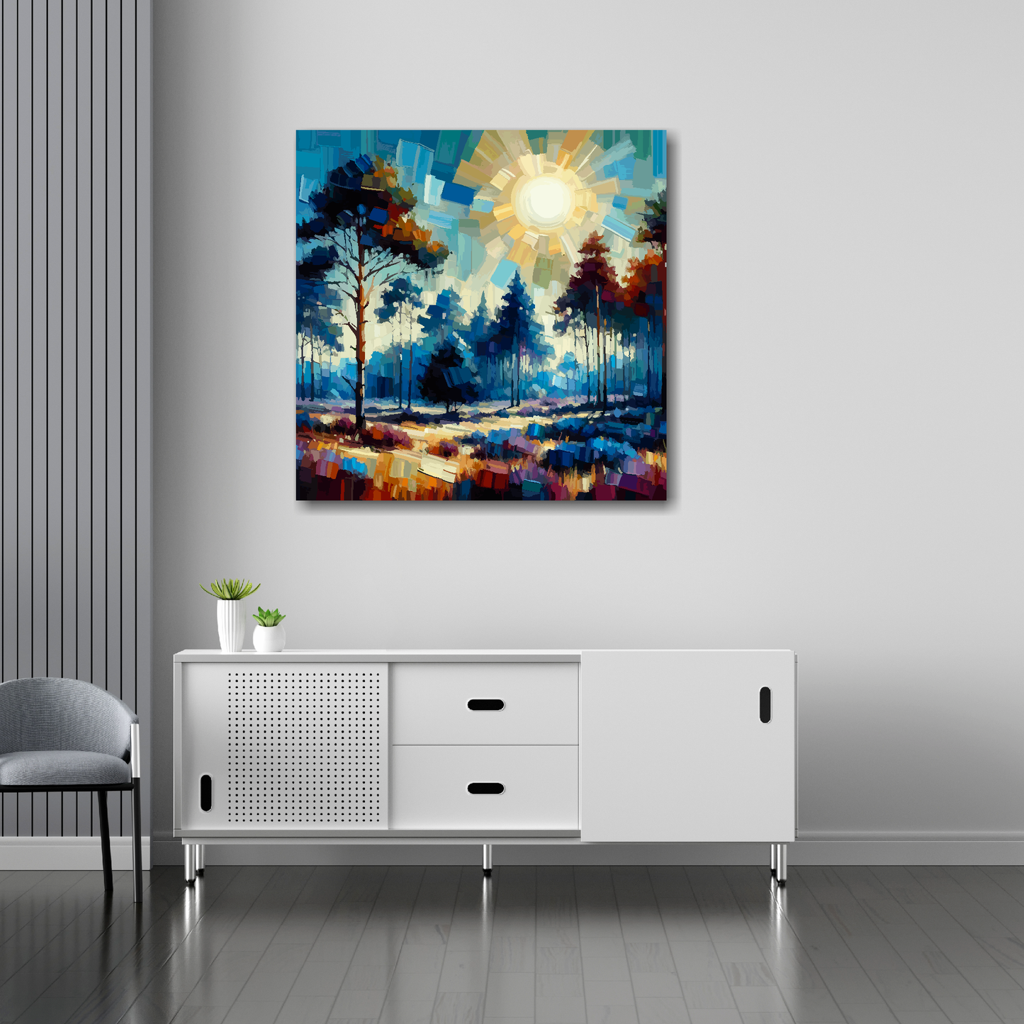 Lavender forest canvas 30x30 inches above sideboard - large colourful landscape art UK made
