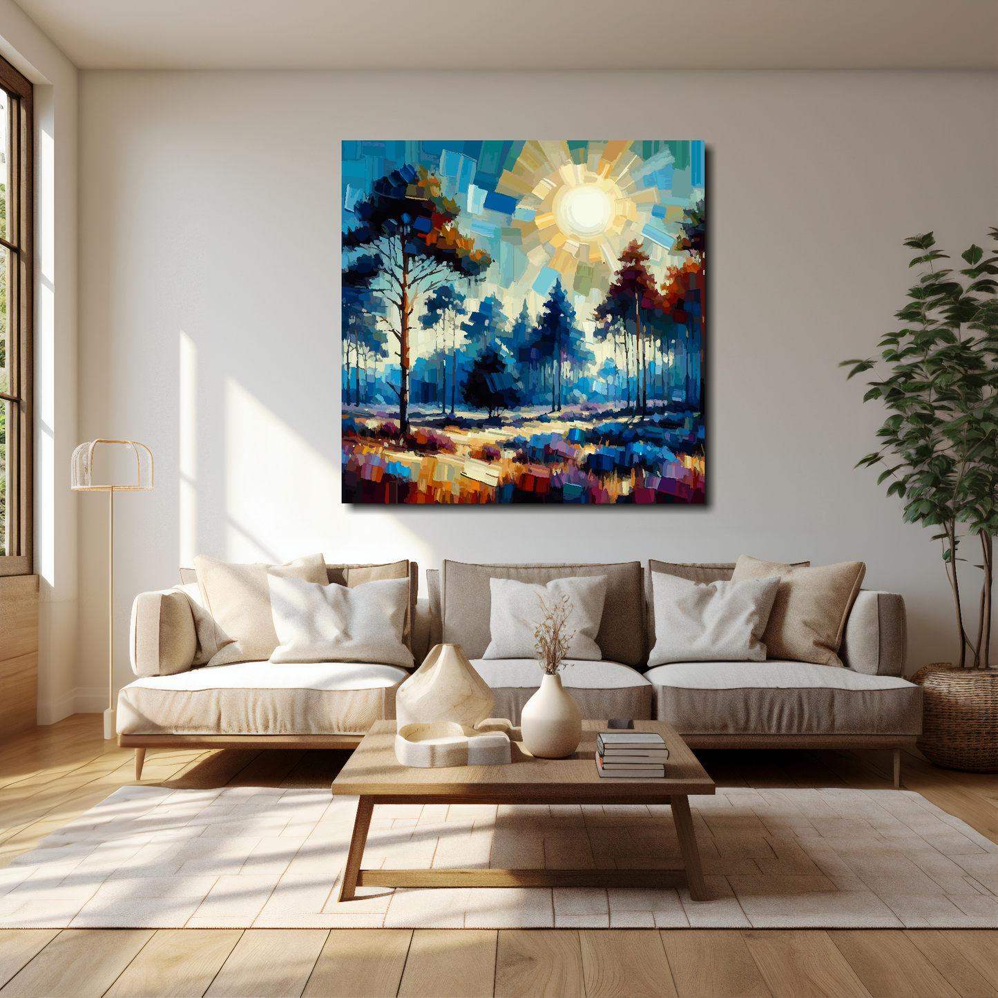 Lavender forest canvas 40x40 inches above cream sofa - XL vibrant landscape wall art UK