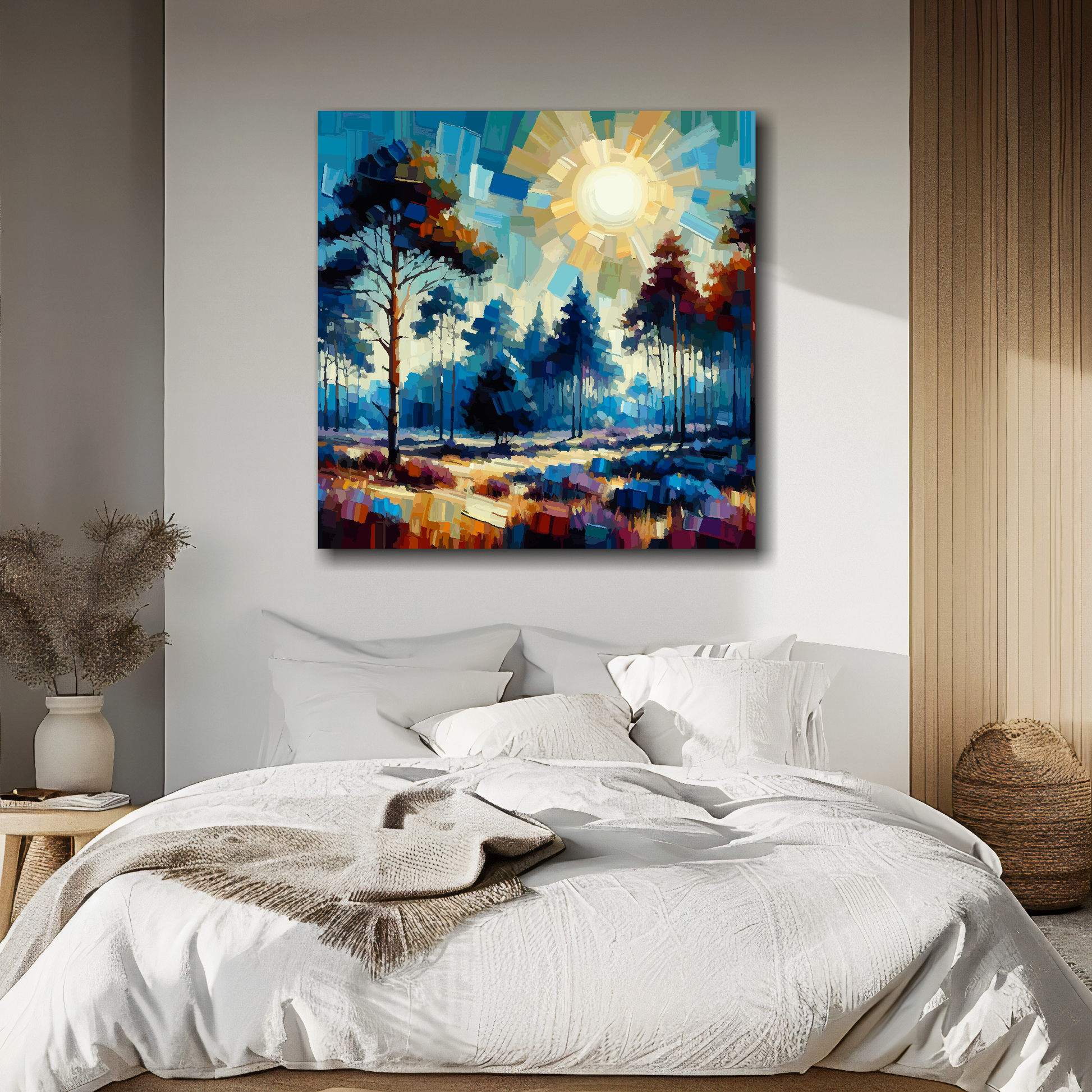 Lavender forest canvas above bed - colourful landscape wall decor for UK bedrooms
