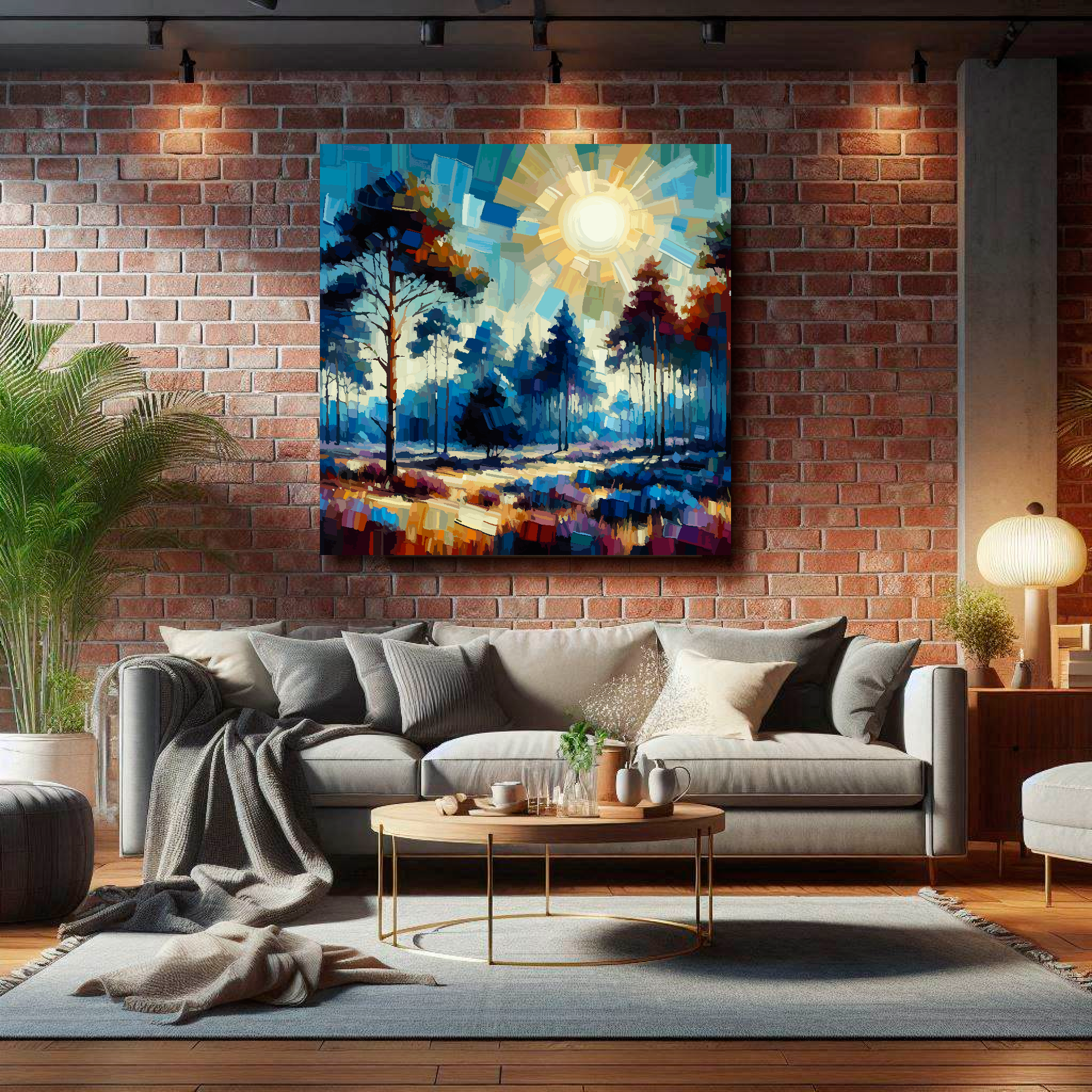 Large lavender forest canvas on brick wall above grey sofa - bold landscape art UK living room