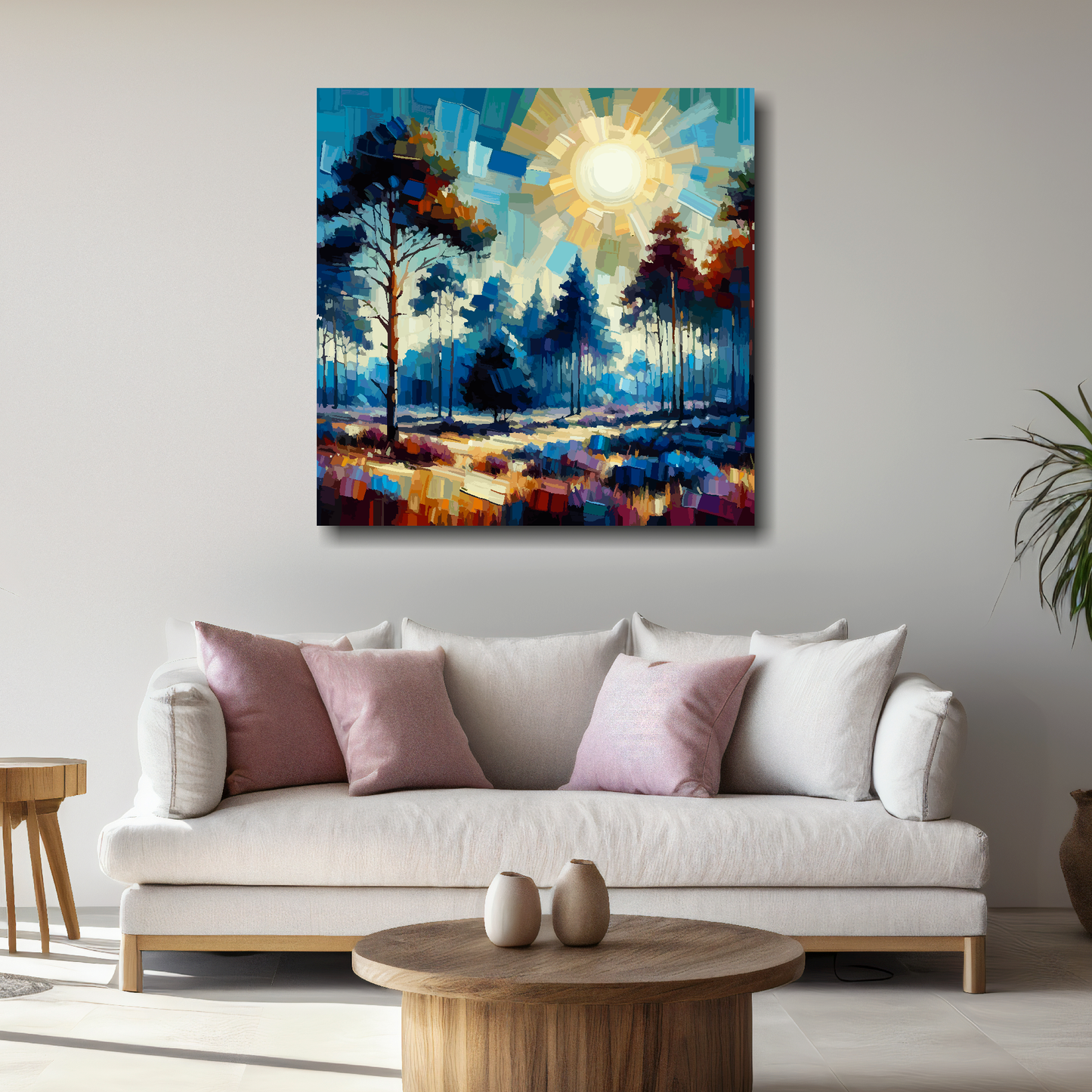 Large lavender forest canvas above white sofa - vibrant abstract landscape wall art UK