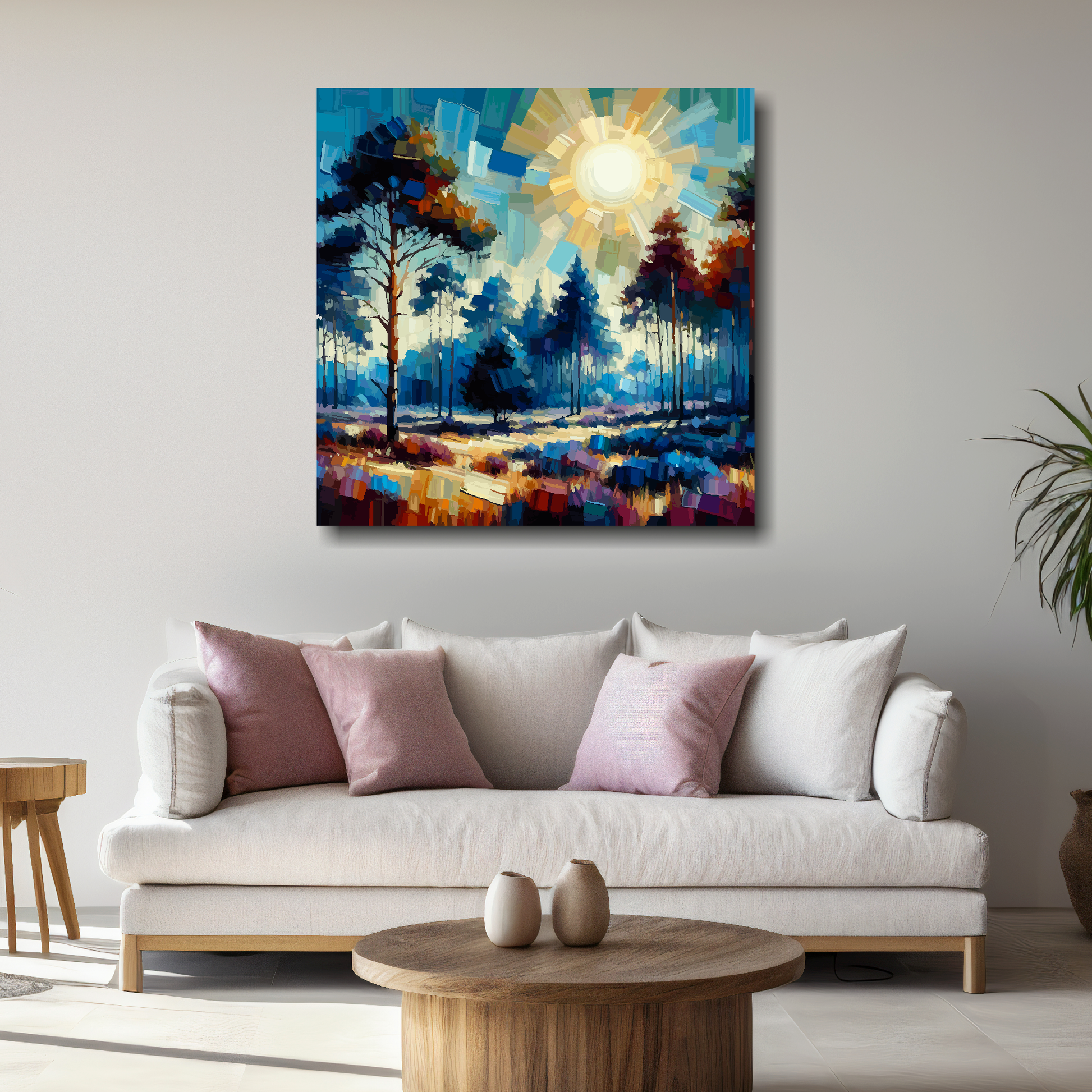 Large lavender forest canvas above white sofa - vibrant abstract landscape wall art UK
