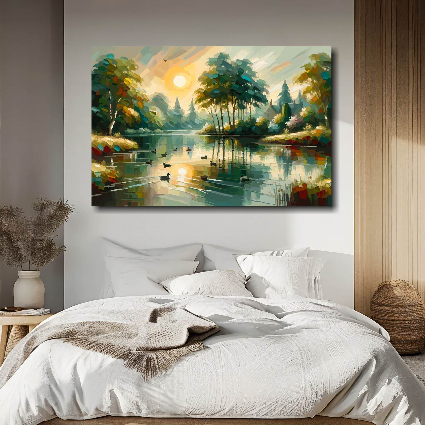 Large stillness in motion canvas on brick wall above grey sofa - bold landscape art UK living room