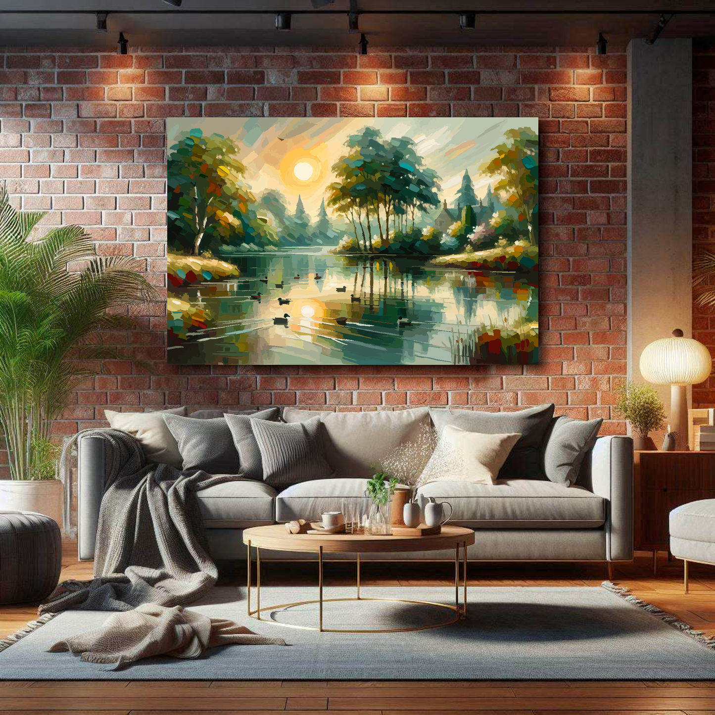 Large stillness in motion canvas on brick wall above grey sofa - bold landscape art UK living room