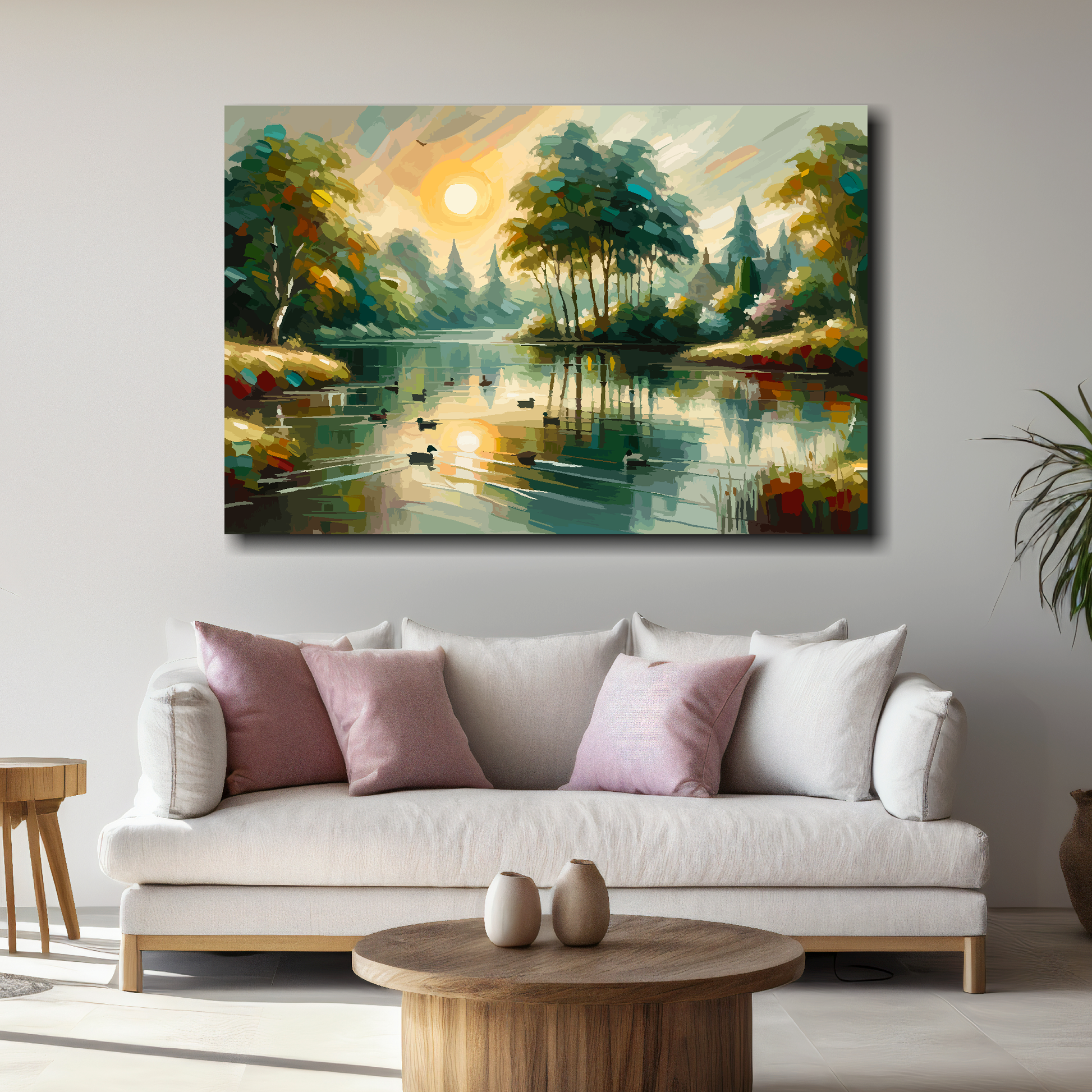 Large stillness in motion canvas above white sofa - vibrant abstract landscape wall art UK