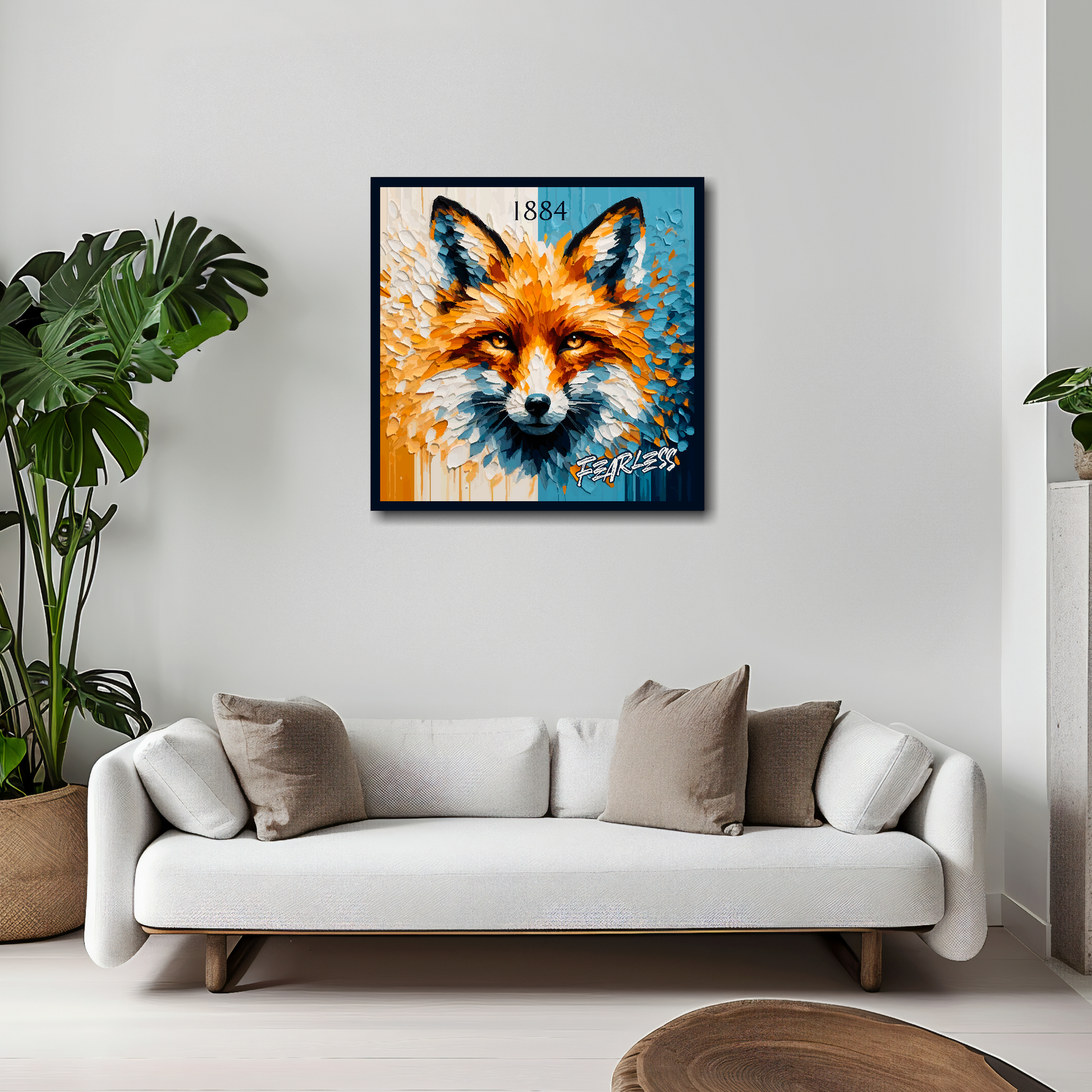 Leicester City inspired canvas 20x20 inches above white sofa - vibrant UK football wall art