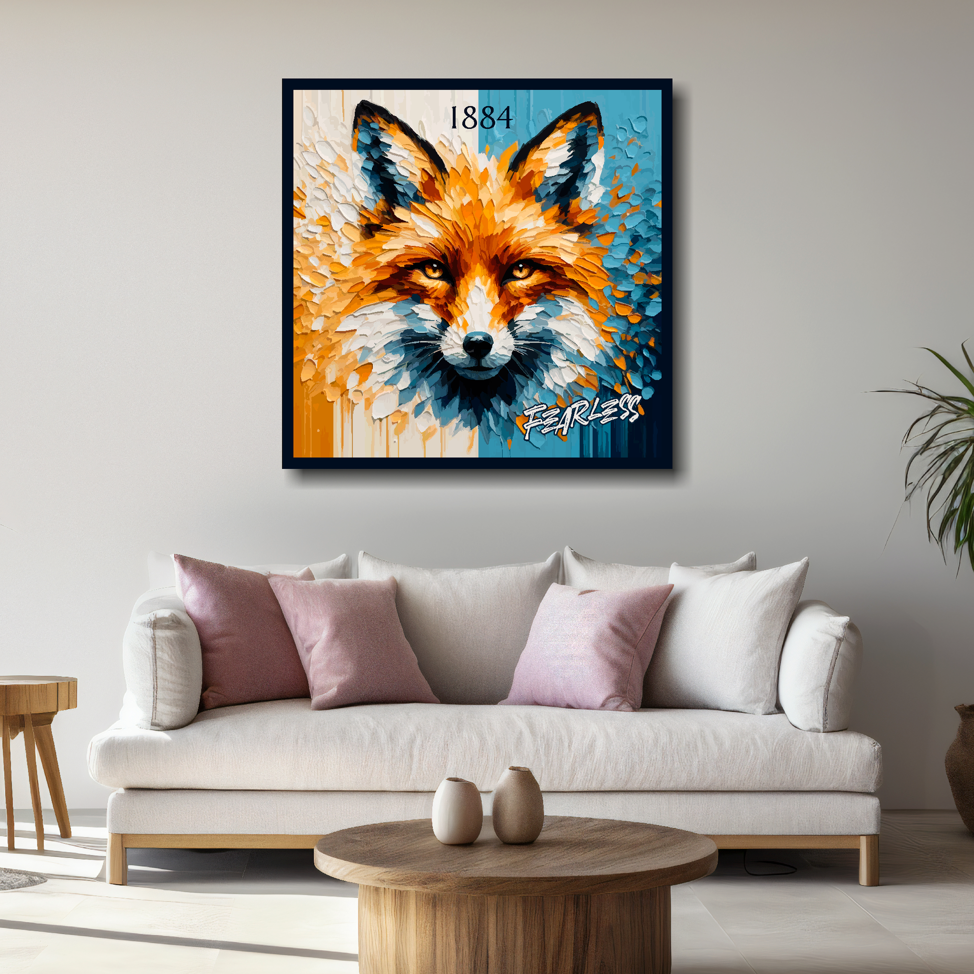 Large Leicester City inspired canvas above white sofa - vibrant abstract UK football wall art