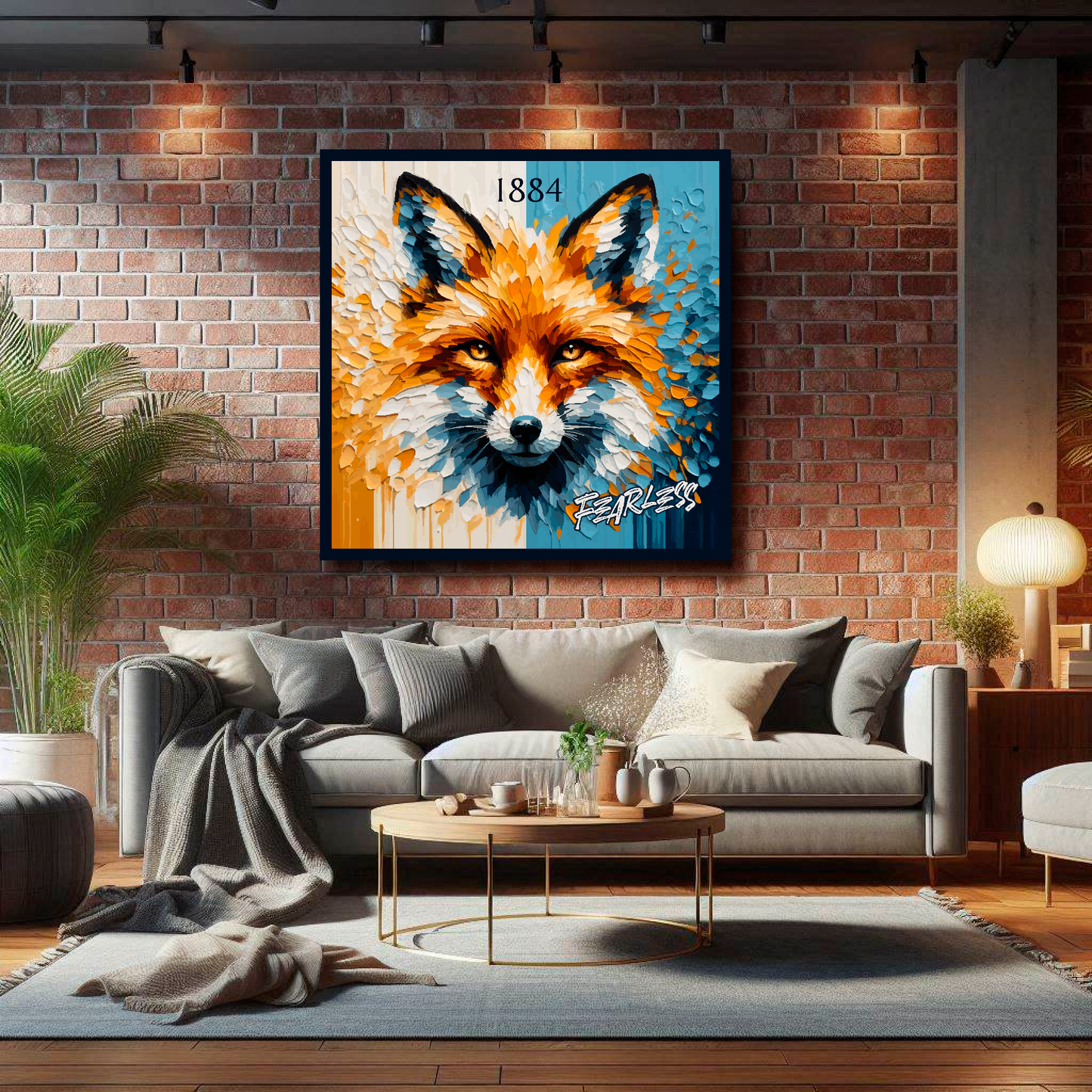 Large Leicester City inspired canvas on brick wall above grey sofa - bold UK football art living room