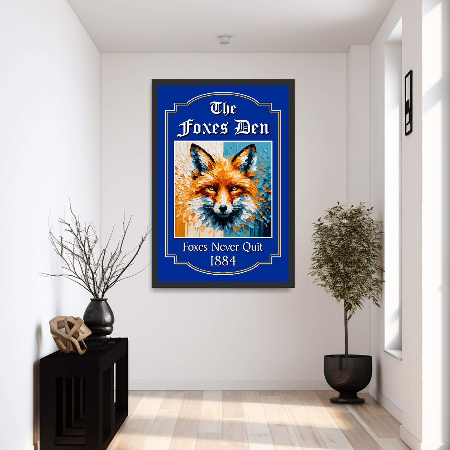 Large Leicester City framed pub sign of a fox with 'The Foxes Den' text mounted on a modern hallway wall
